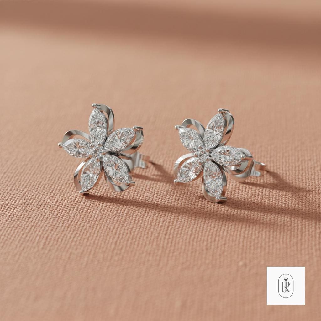 1.63ct Marquise Lab Diamond Stud Earrings 14K White Gold | Prong Set Flower Design