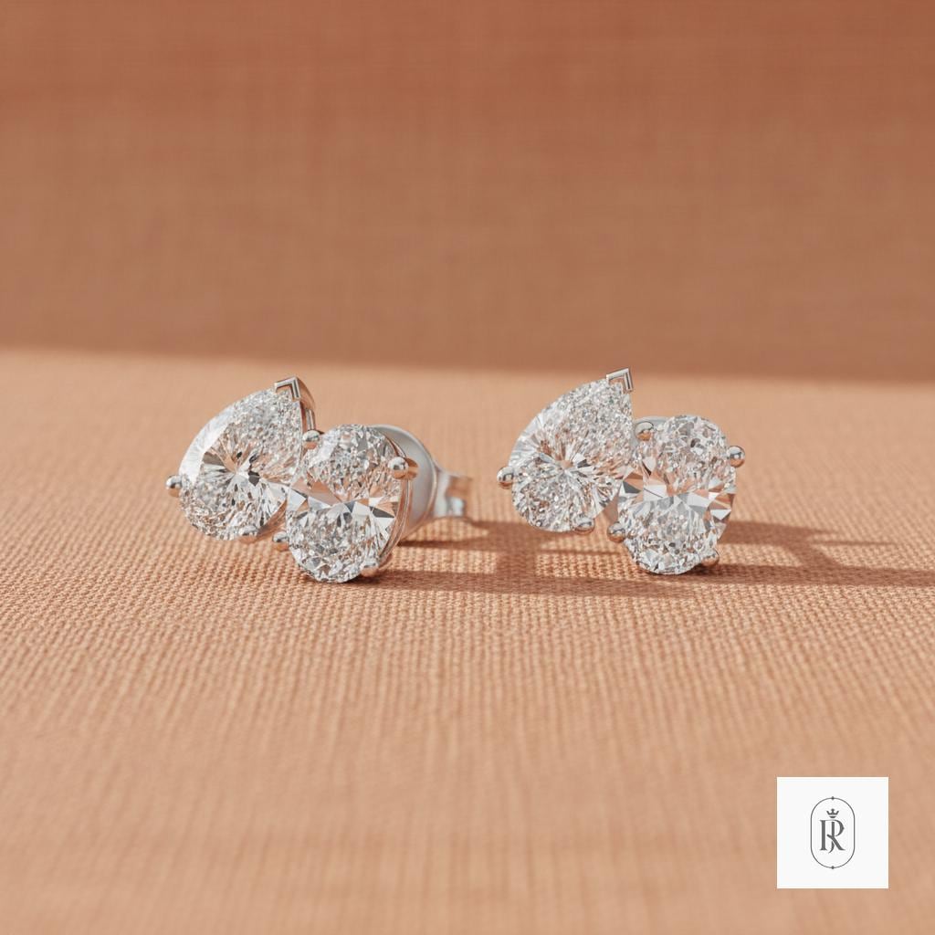 2.03ct Oval Lab Diamond Stud Earrings 14K White Gold | Prong Set Pear Accents