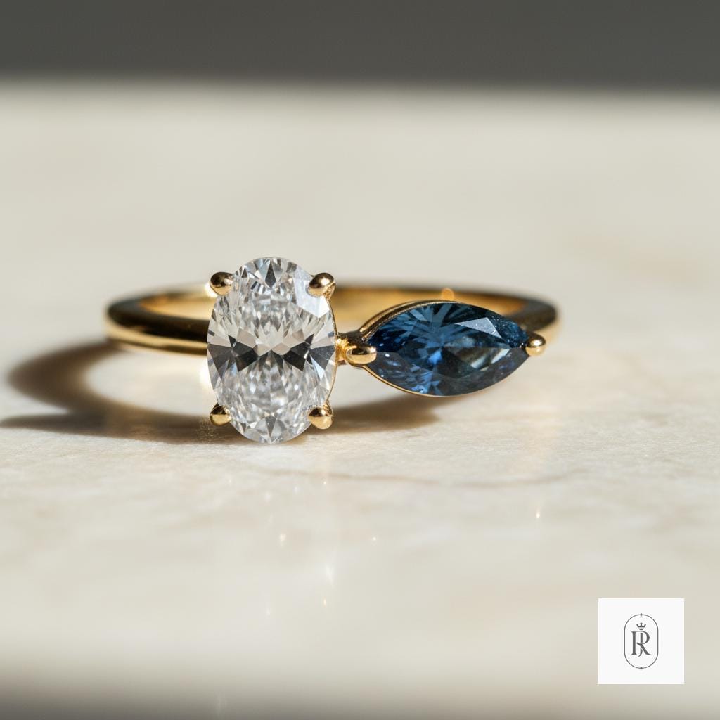 Toi et Moi Two Stone Ring, Oval Lab and Blue Diamonds (14K Yellow Gold)