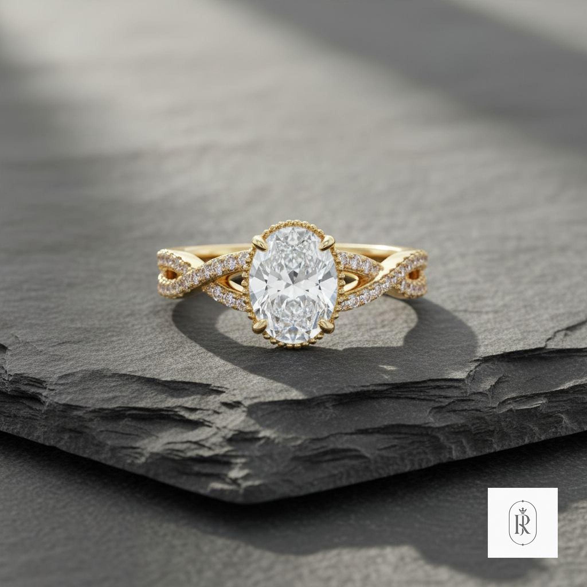 Oval Moissanite Engagement Ring: Dainty 14K Gold Solitaire — View 1 of custom handcrafted Lab Diamond jewellery in 14K White Gold