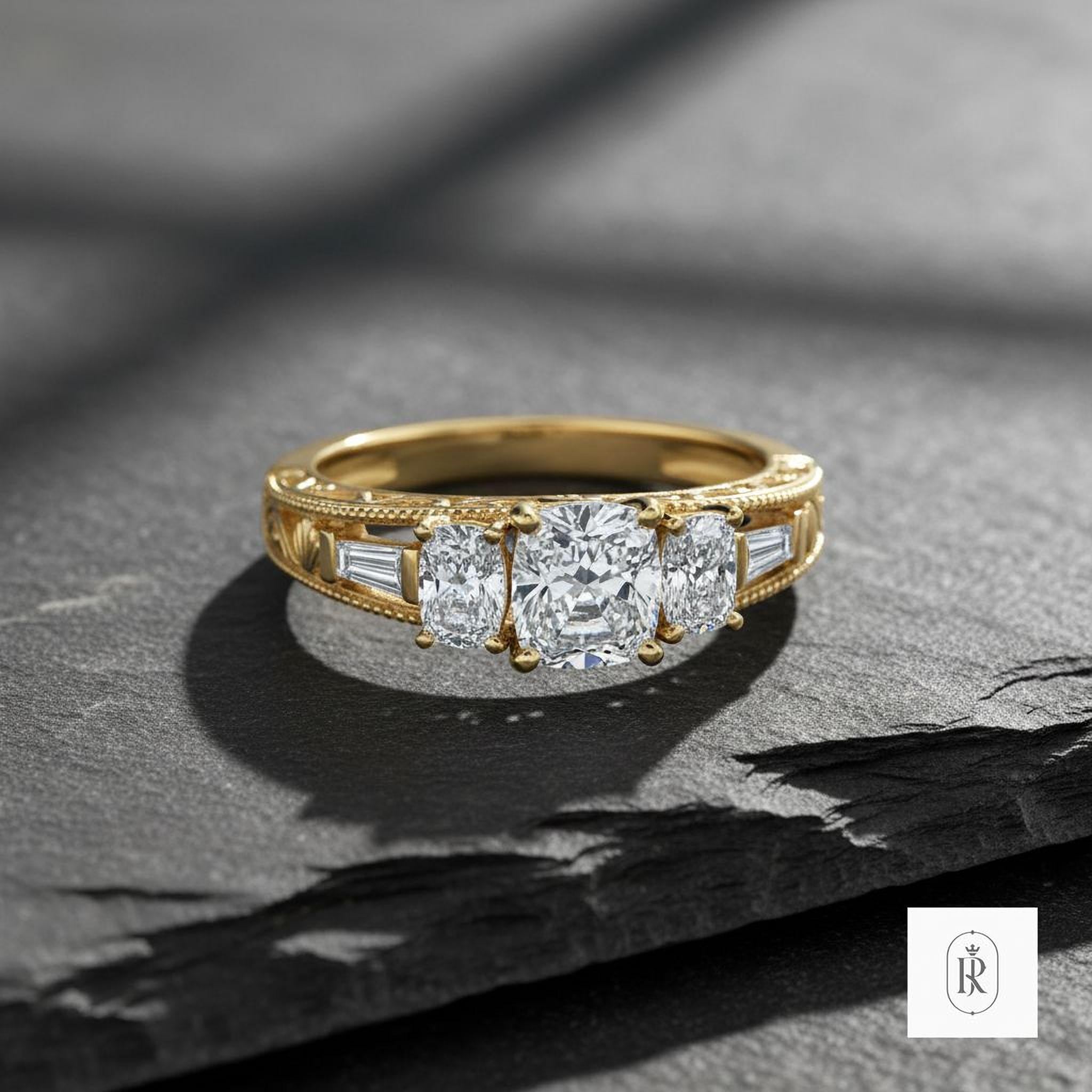 Cushion Lab Diamond Ring: 14K Yellow Gold, Tapered Baguette Accents — View 1 of custom handcrafted Lab Diamond jewellery in 14K Yellow Gold