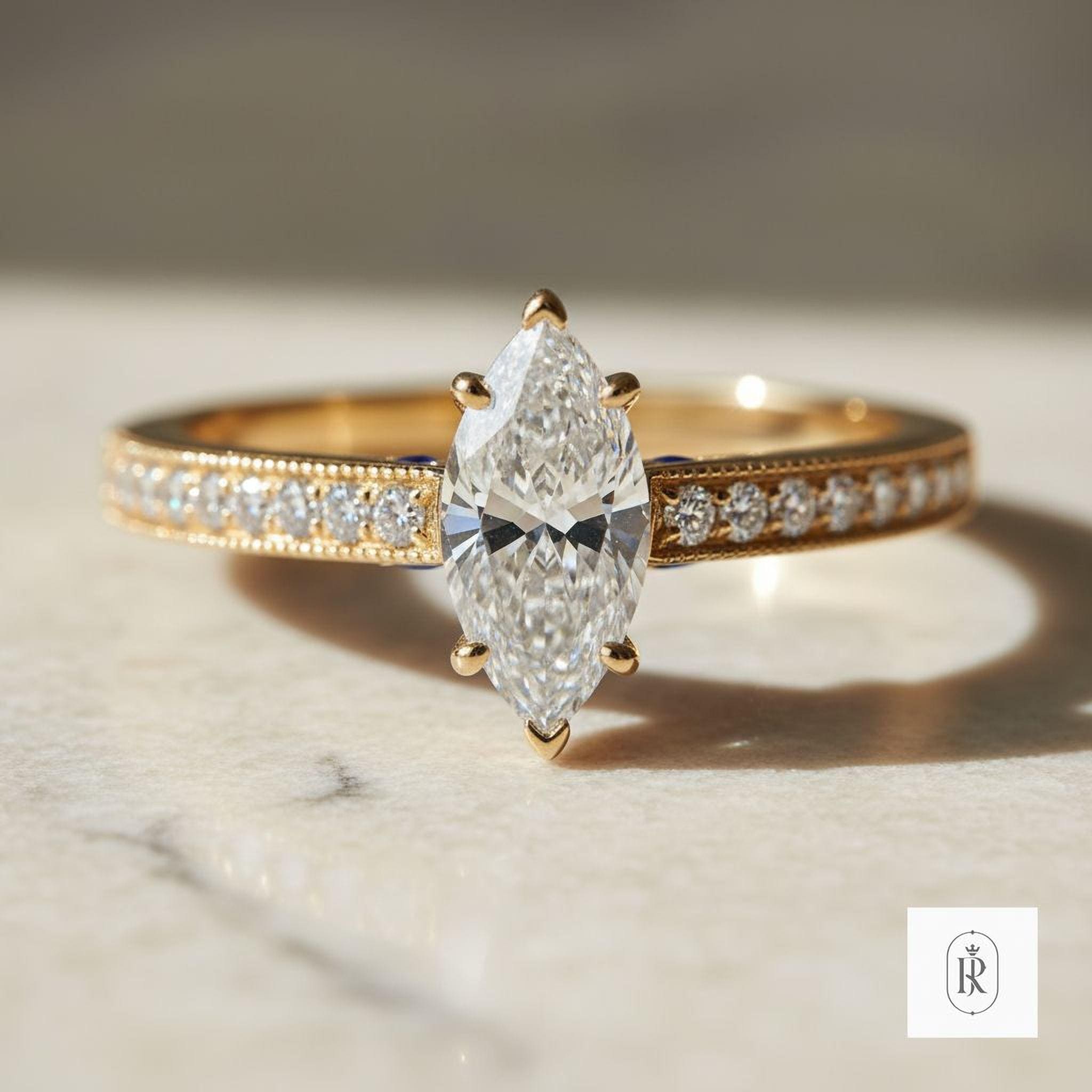 Lab Diamond Engagement Ring: Marquise Cut with Blue Sapphire (14K Gold) — View 1 of custom handcrafted Lab Diamond jewellery in 14K White Gold