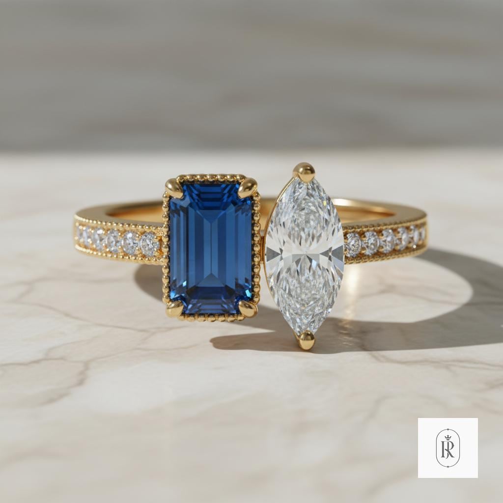 Fancy Blue Diamond Ring - Emerald Cut Lab Grown, 14K Yellow Gold — View 1 of custom handcrafted Lab Diamond jewellery in 14K Yellow Gold