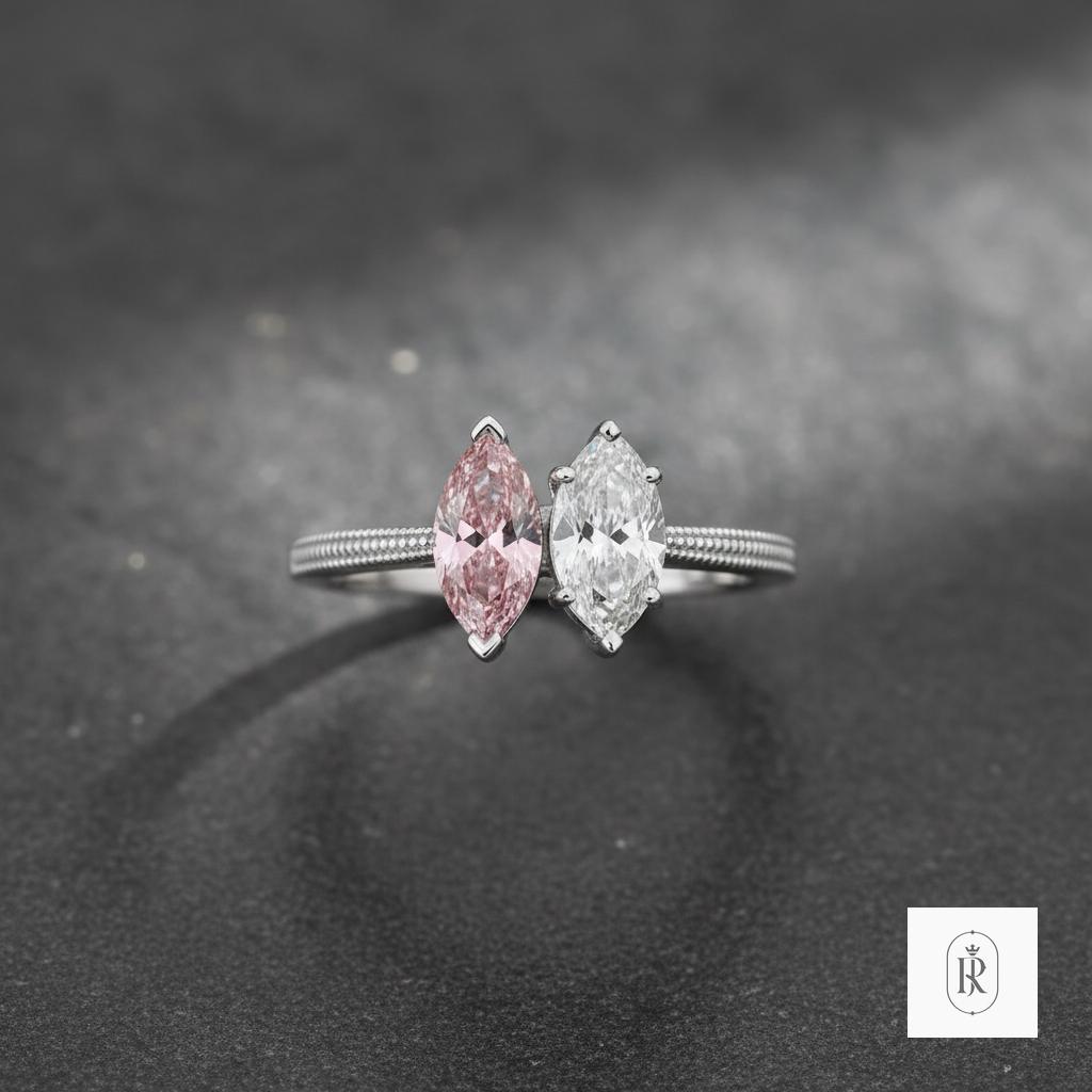Pink Moissanite Toi et Moi Ring, 14k Solid Gold Art Deco Promise Ring — View 1 of custom handcrafted Lab Diamond jewellery in 14K White Gold