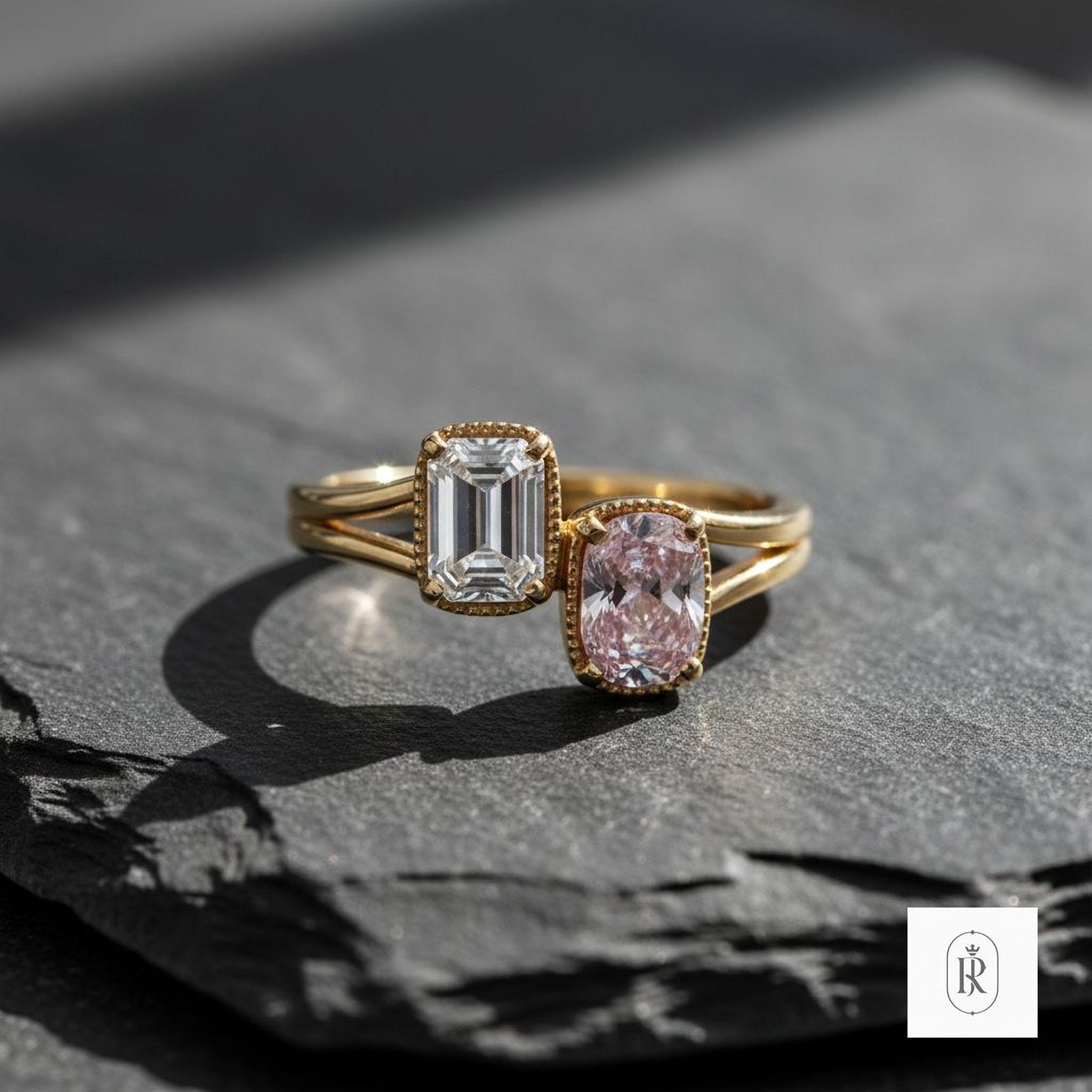 Toi et Moi Engagement Ring: Pink Pear and Emerald Cut - 14K Gold — View 1 of custom handcrafted Emerald jewellery in 14K White Gold