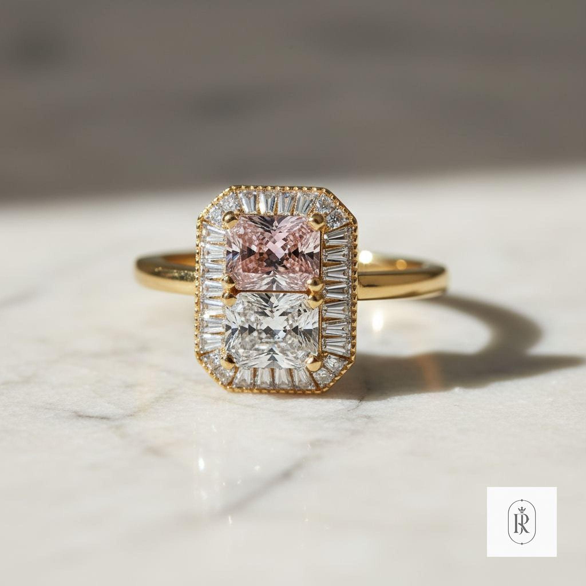Fancy Pink Diamond Ring - Lab Grown, Radiant Cut, 14K Gold — View 1 of custom handcrafted Lab Diamond jewellery in 14K White Gold