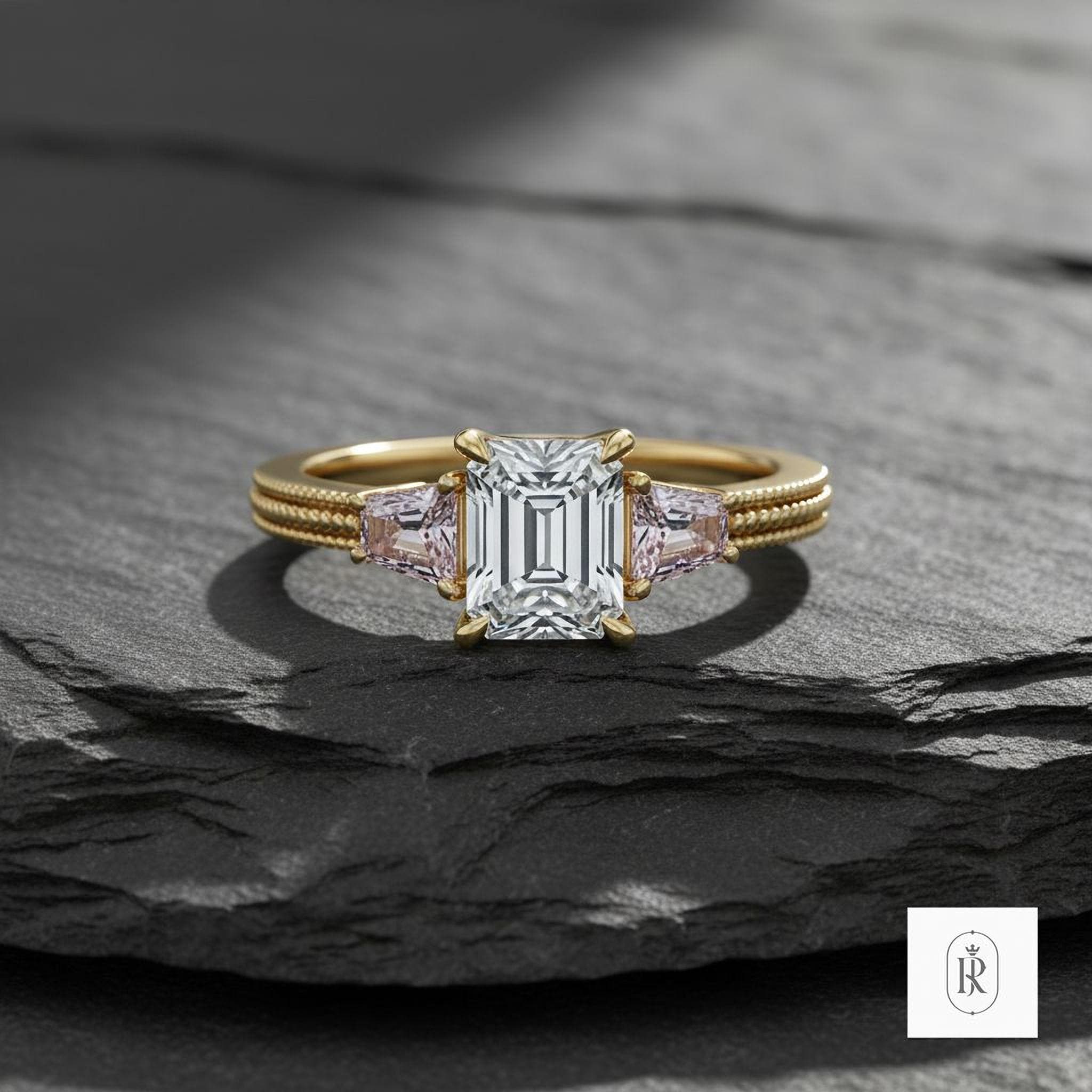 Two-Stone Engagement Ring: Emerald Cut Lab Diamond - 14K Gold — View 1 of custom handcrafted Lab Diamond jewellery in 14K White Gold