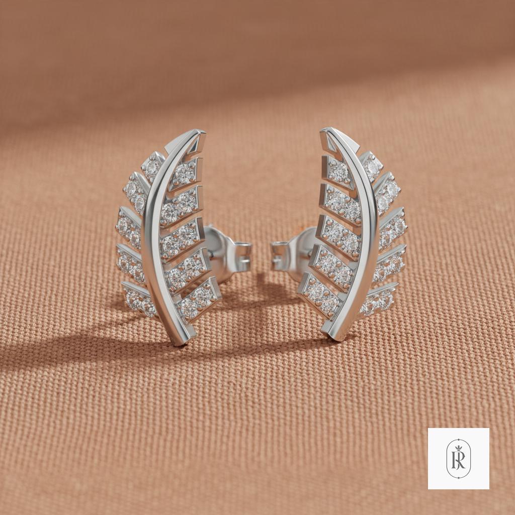 0.29ct Round Lab Diamond Stud Earrings, 14K White Gold, Prong Set, Leaf Design