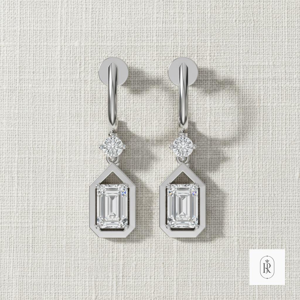 14K White Gold Emerald Cut Lab Diamond Crown Hoop Earrings — View 1 of custom handcrafted Lab Diamond jewellery in 14K White Gold