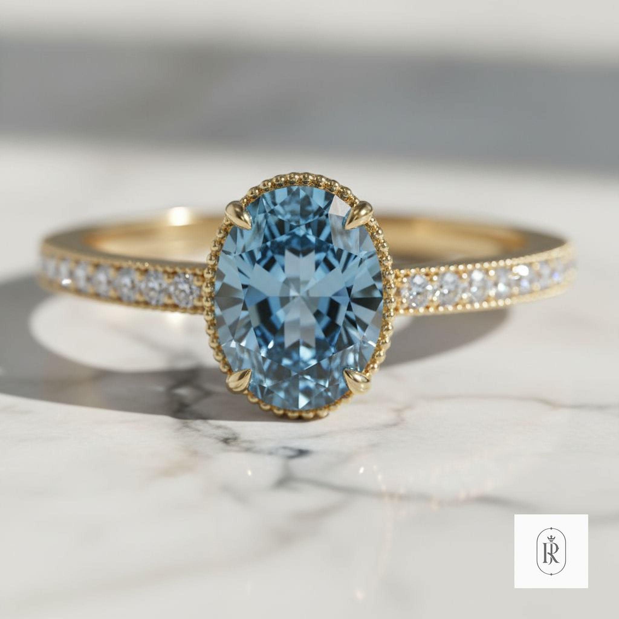 Oval Blue Diamond Ring: Lab Grown, 14K Gold - Sustainable Gemstone