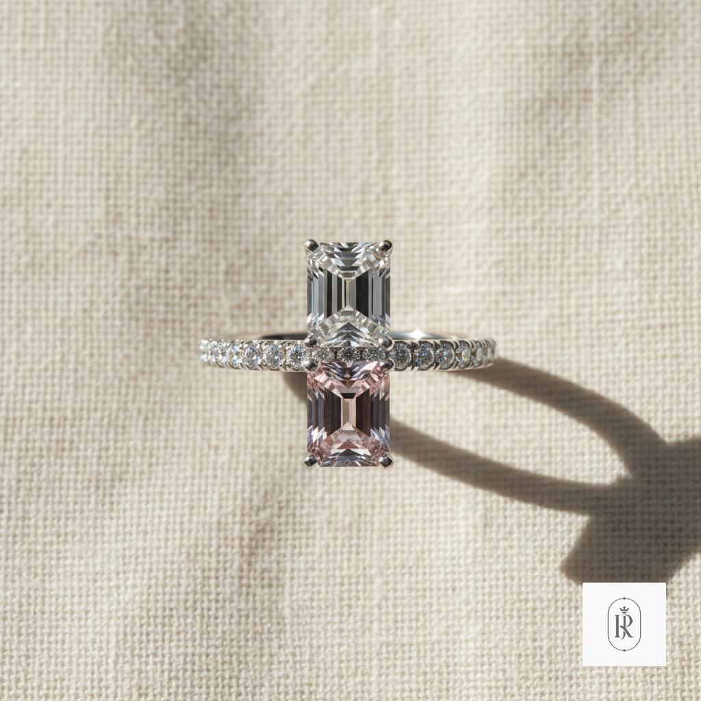 14K Solid Gold Toi et Moi Ring | Asscher Moissanite, Radiant Pink Diamond, Pave Band