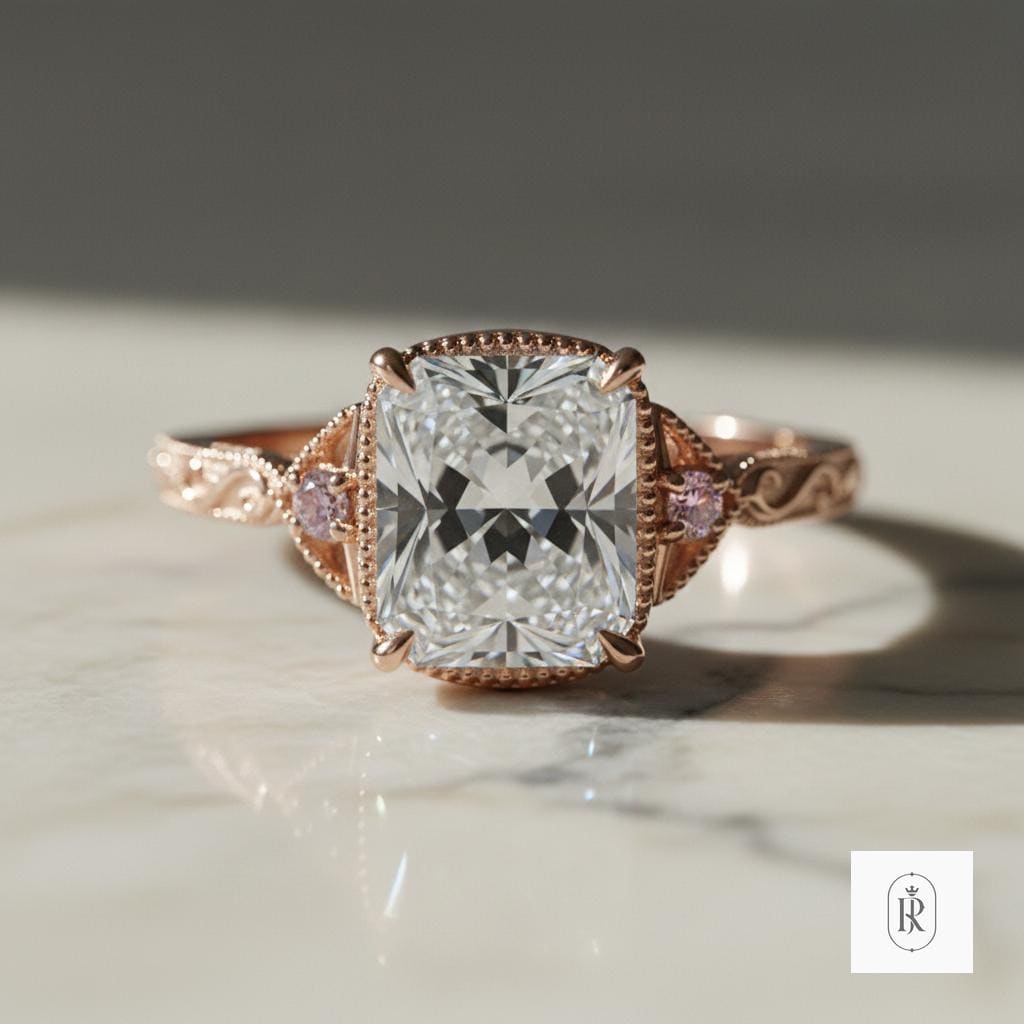 Radiant Cut Moissanite Engagement Ring, Hidden Halo (14K Gold) — View 1 of custom handcrafted Lab Diamond jewellery in 14K White Gold