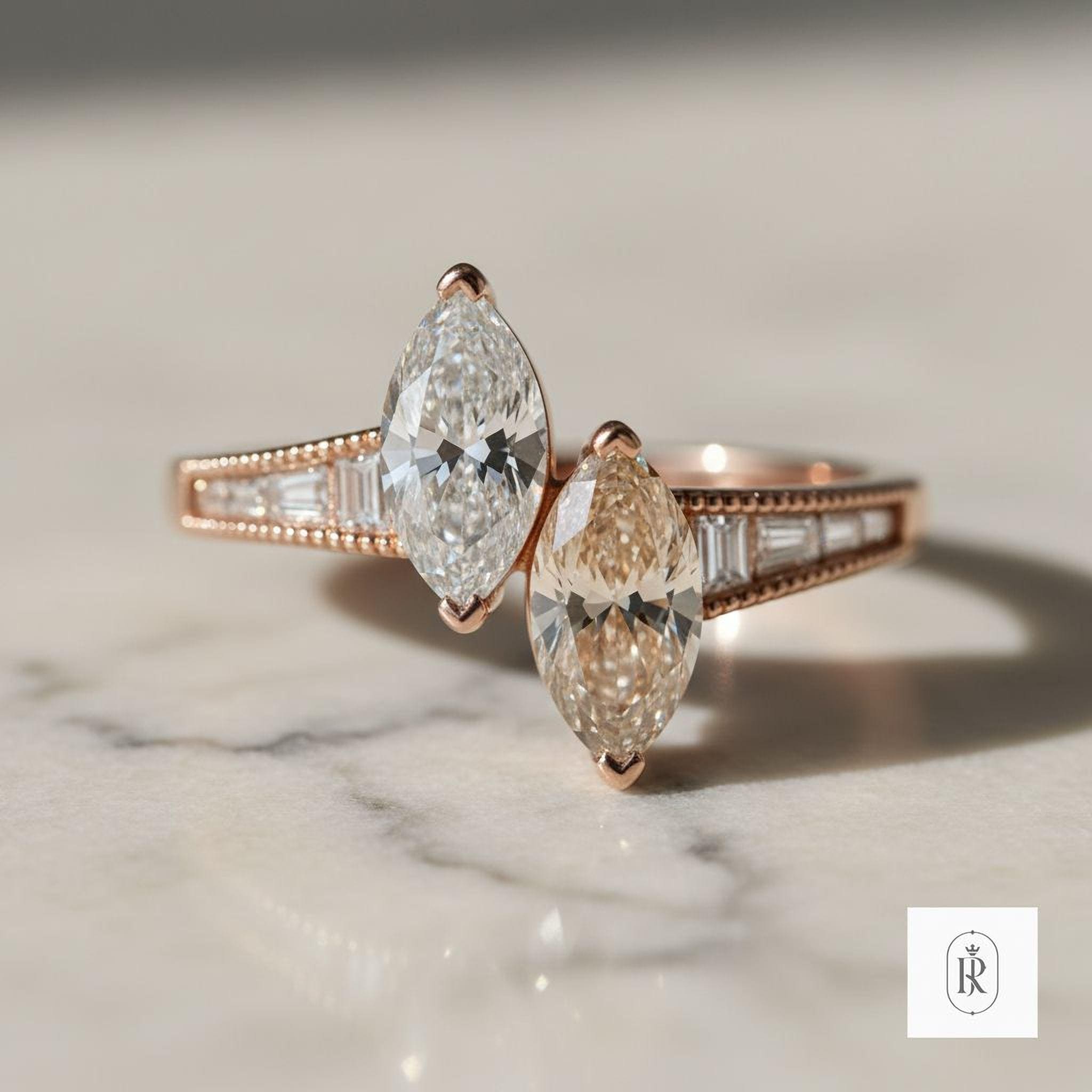 Marquise Diamond Engagement Ring: Lab Grown Two-Stone Design (14K Gold) — View 1 of custom handcrafted Lab Diamond jewellery in 14K White Gold