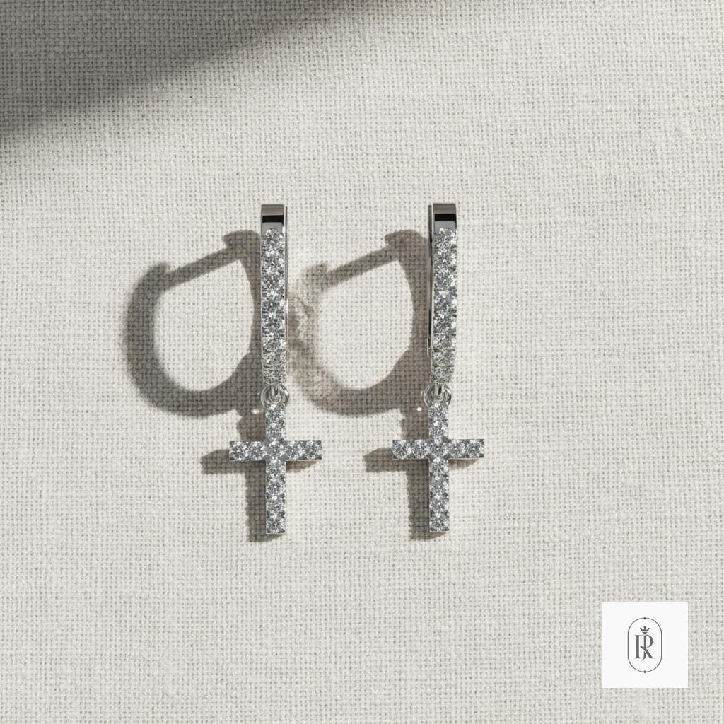 14K White Gold Lab Diamond Cross Hoop Earrings – Religious Jewelry — View 1 of custom handcrafted Lab Diamond jewellery in 14K White Gold