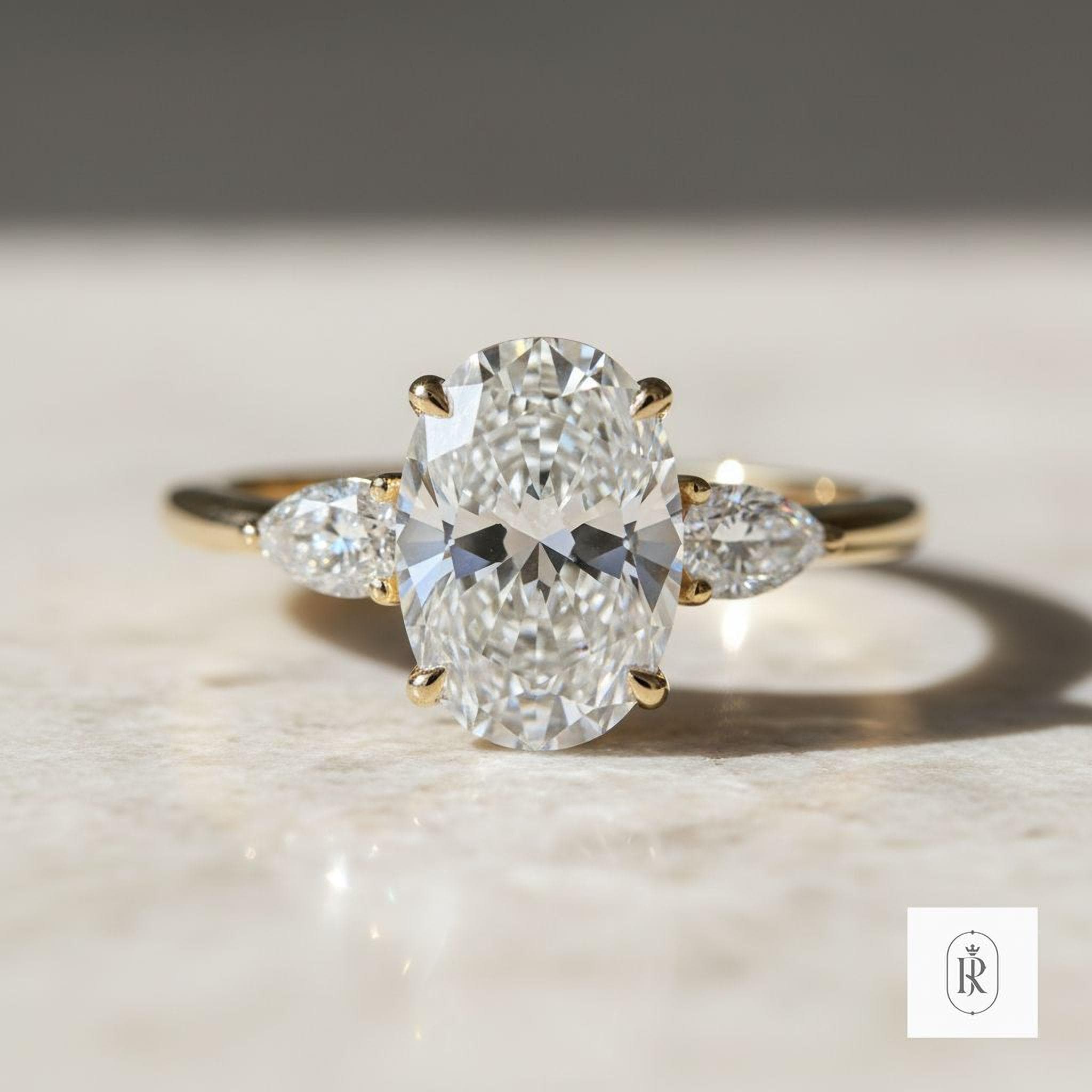 Three Stone Engagement Ring: Oval and Marquise Lab Diamonds - 14K Gold — View 1 of custom handcrafted Lab Diamond jewellery in 14K White Gold