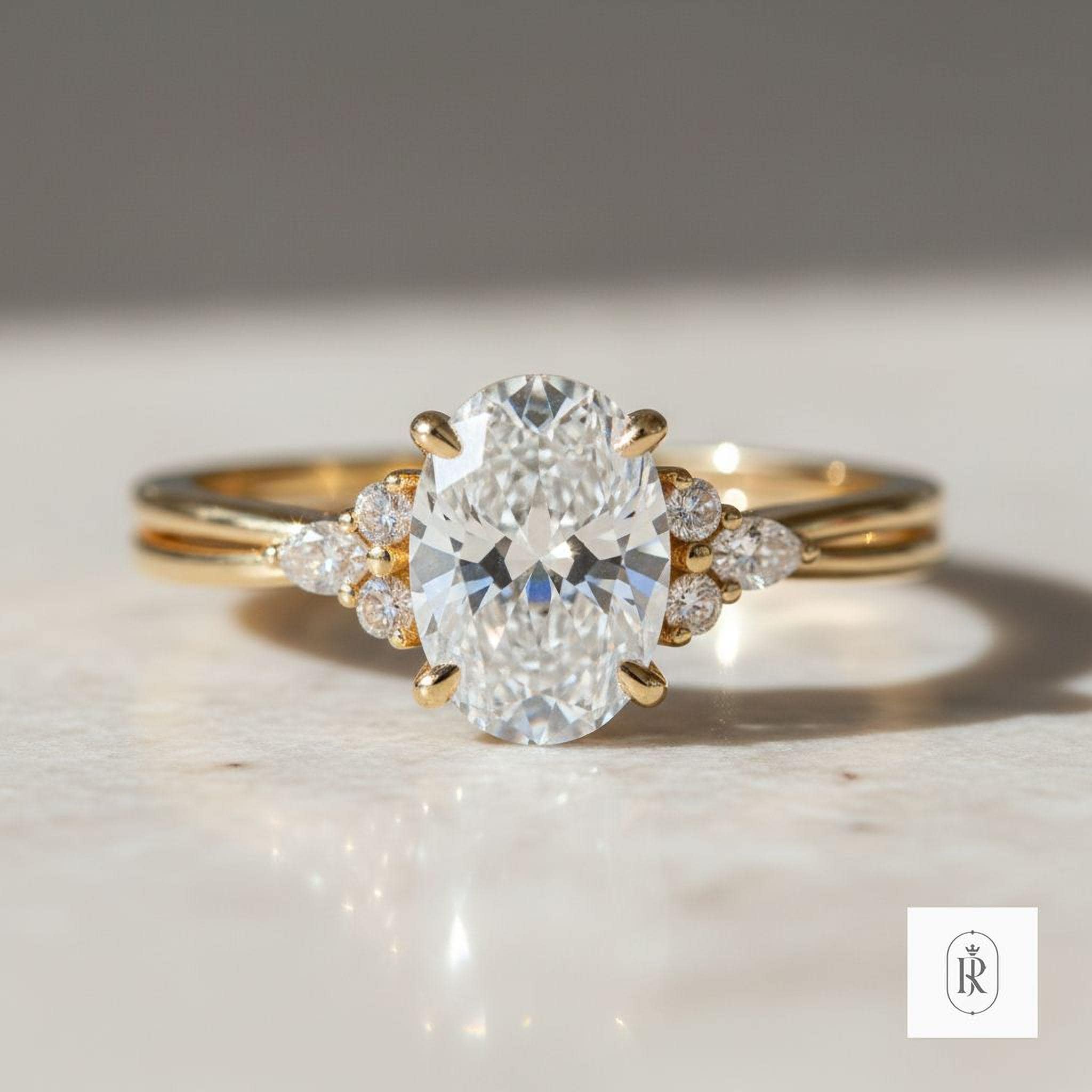 Engagement Ring: Oval Moissanite with Champagne Marquise Diamonds - 14K Gold — View 1 of custom handcrafted Lab Diamond jewellery in 14K White Gold