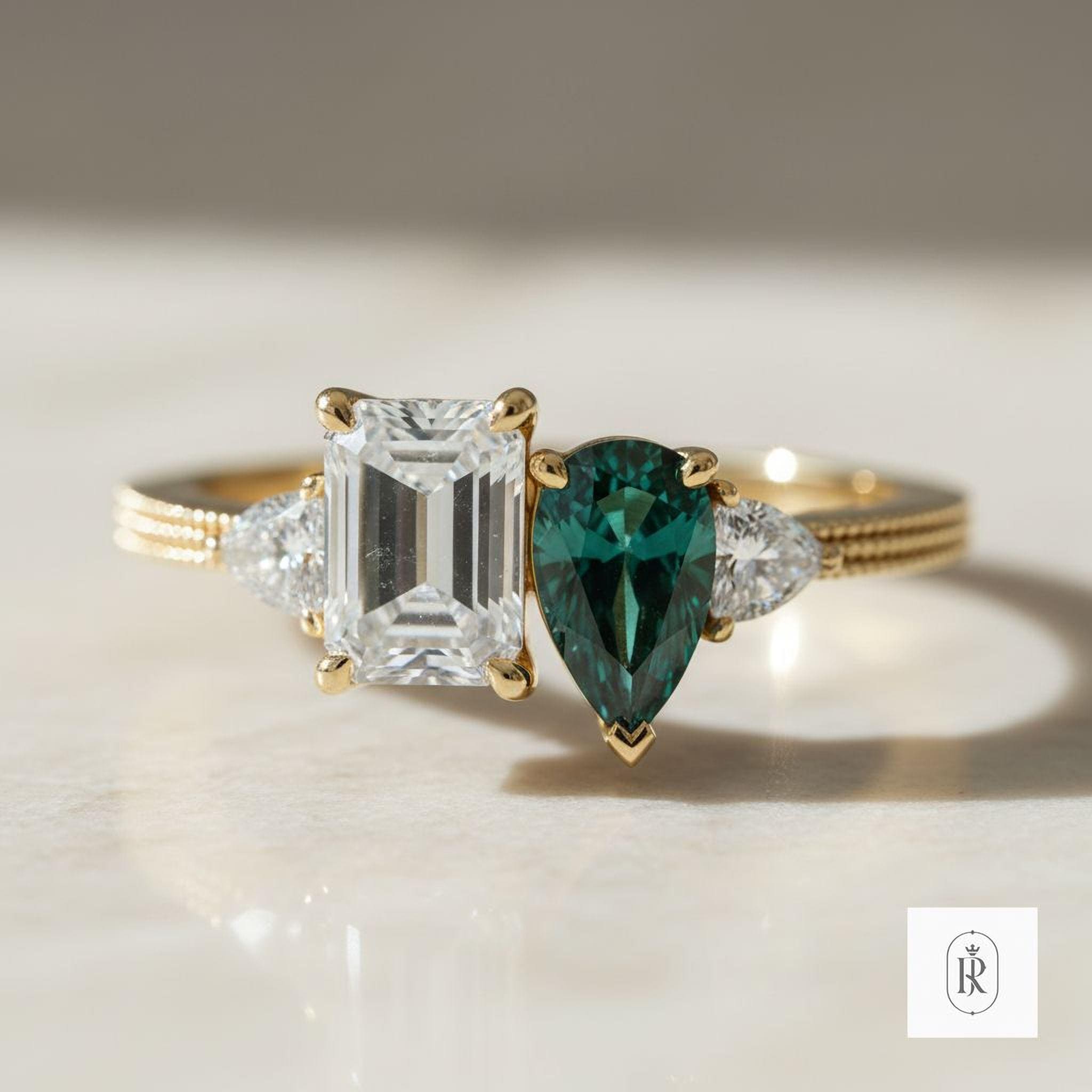 Two Stone Engagement Ring: Emerald Cut & Teal Pear Diamonds - 14K Gold — View 1 of custom handcrafted Lab Diamond jewellery in 14K White Gold