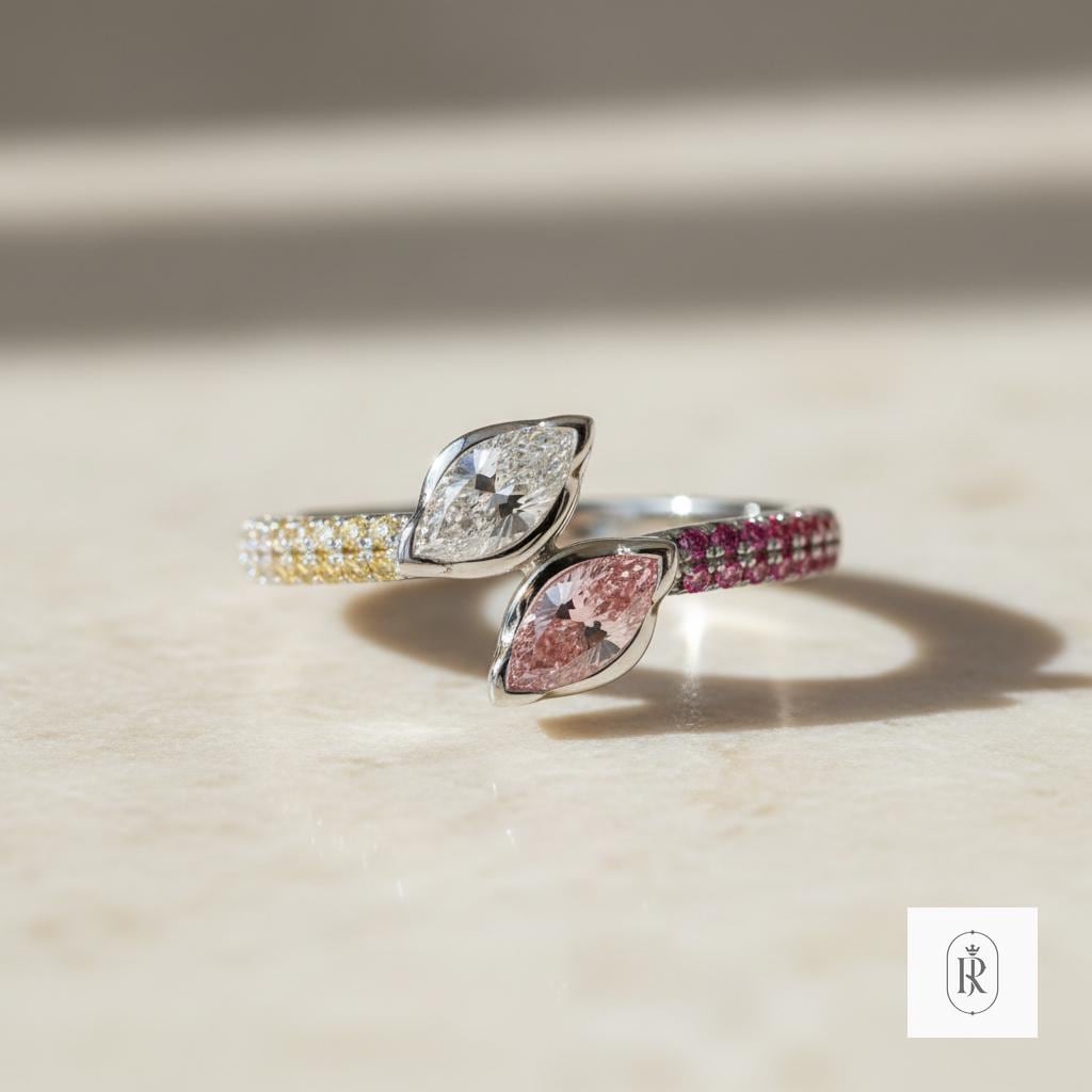 14K Solid Gold Toi et Moi Ring – Marquise Moissanite, Pink Diamond Band