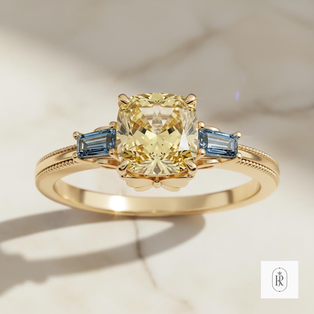 Canary Yellow Lab Diamond Ring | Vintage Cushion Solitaire 14K Gold | — View 1 of custom handcrafted Lab Diamond jewellery in 14K White Gold