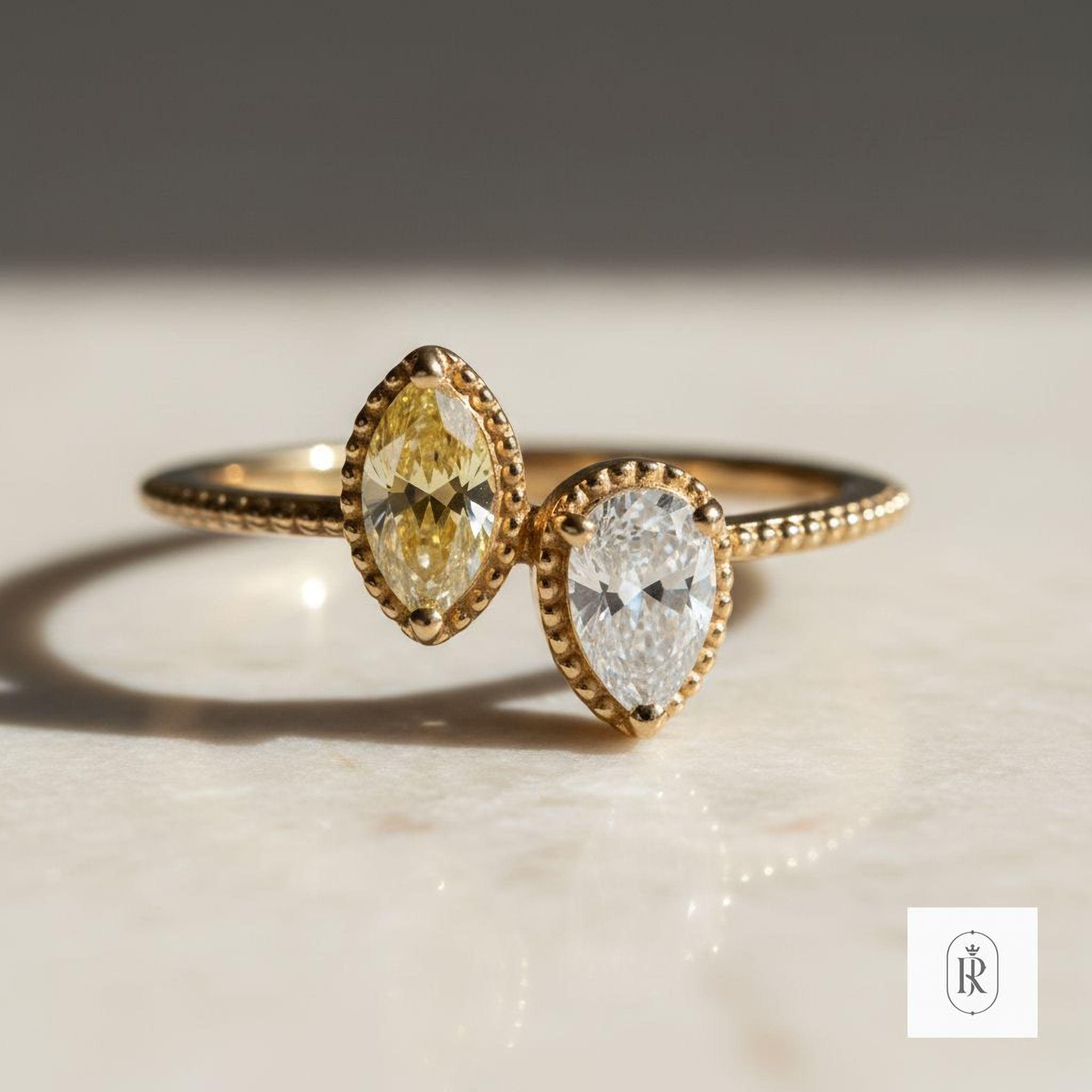 Marquise Yellow Diamond Ring: Lab Created, 14K Solid Gold - Sustainable