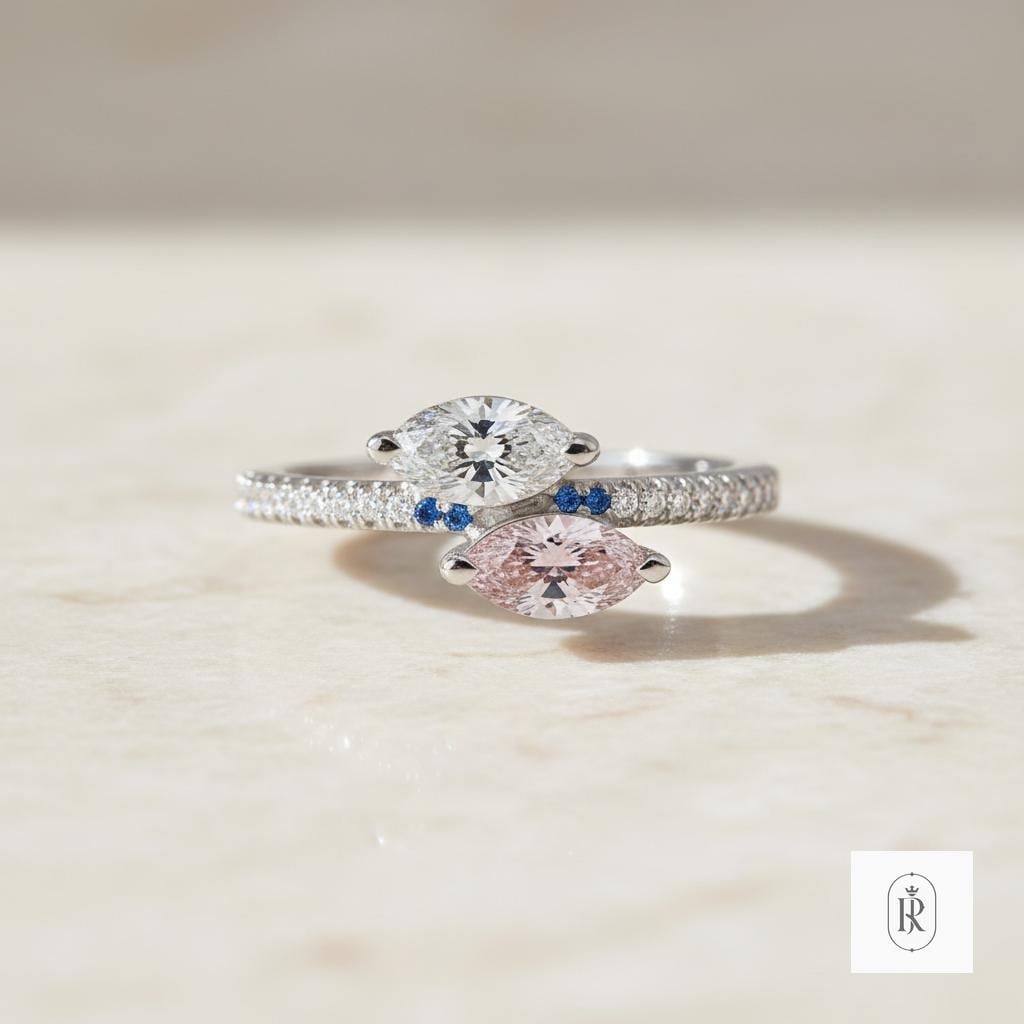 14K Solid Gold Toi et Moi Ring | Marquise Moissanite, Pink Diamond, Pave Band — View 1 of custom handcrafted Lab Diamond jewellery in 14K White Gold