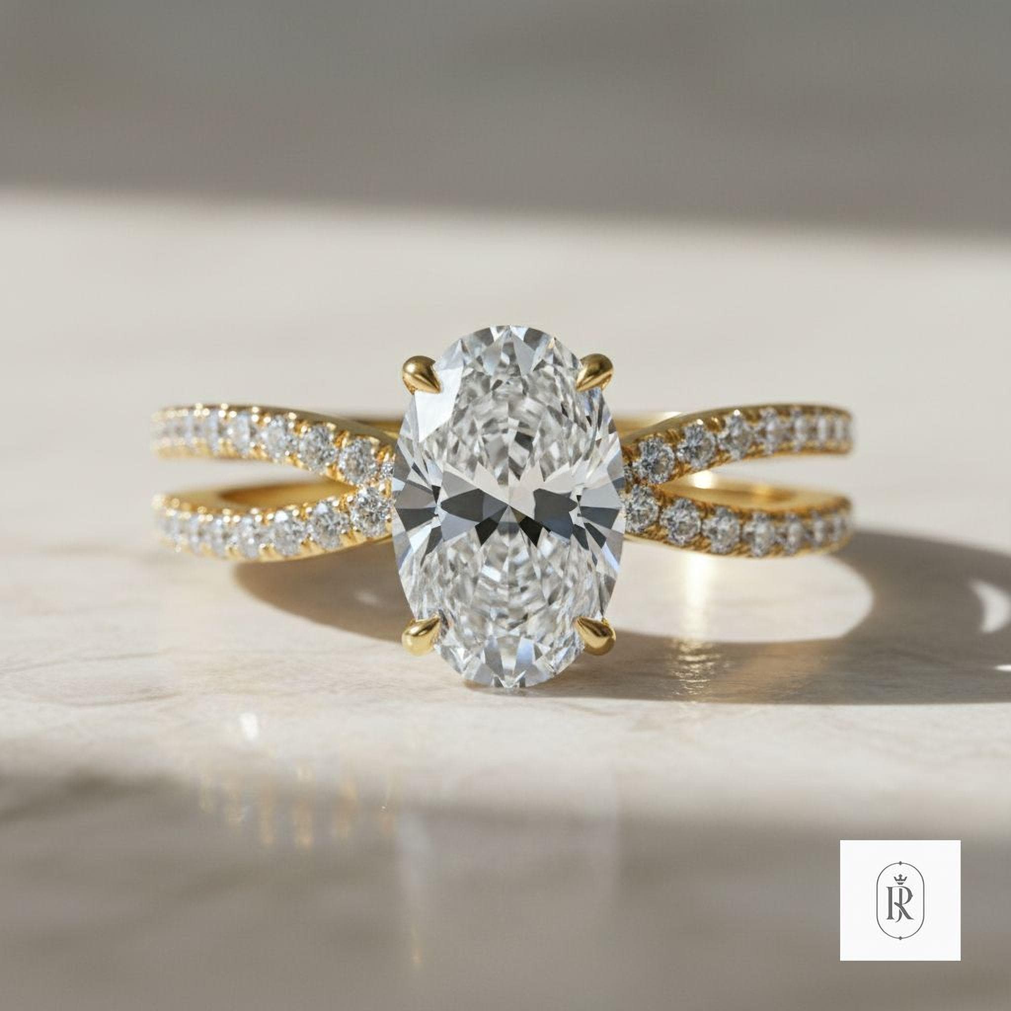 Oval Lab Diamond Engagement Ring - Dainty 14K Gold Band — View 1 of custom handcrafted Lab Diamond jewellery in 14K White Gold