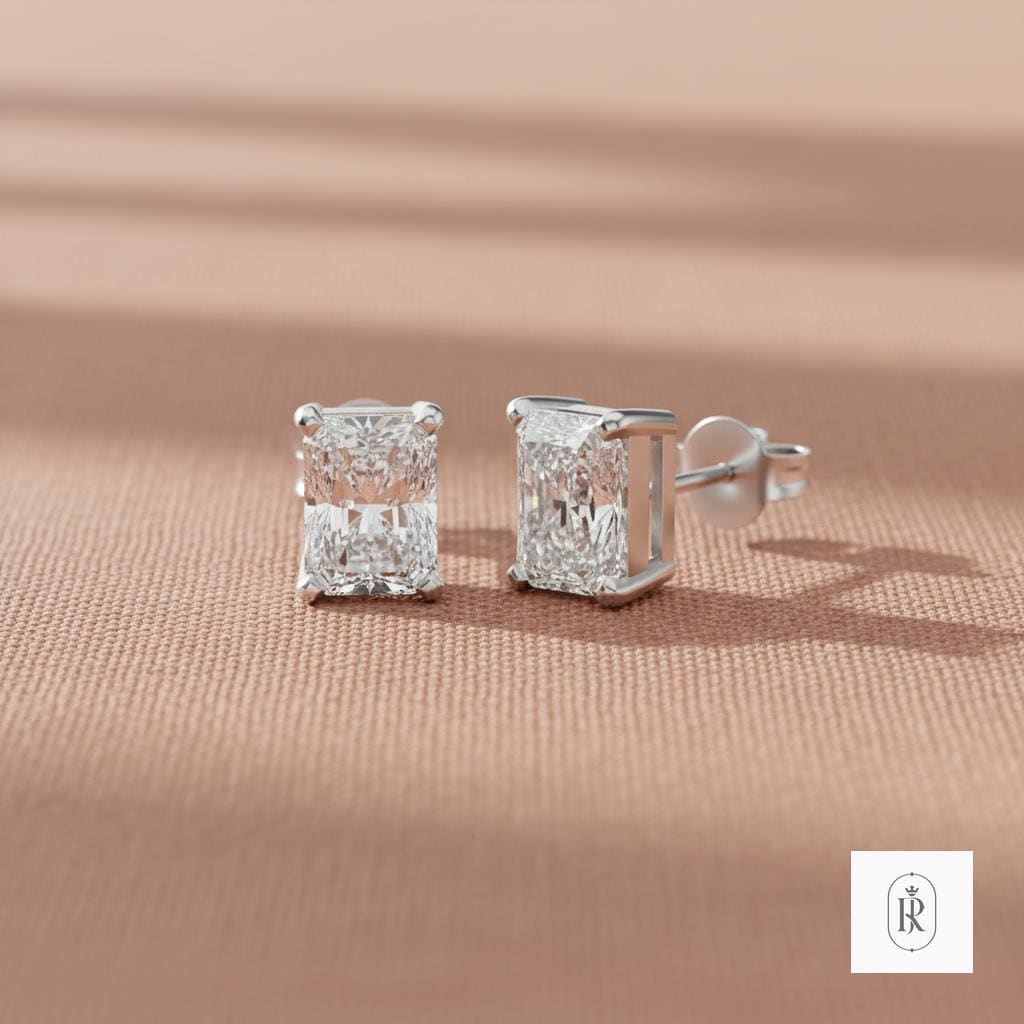 1.47ct Radiant Lab Diamond Stud Earrings 14K White Gold Prong Set (Handmade)