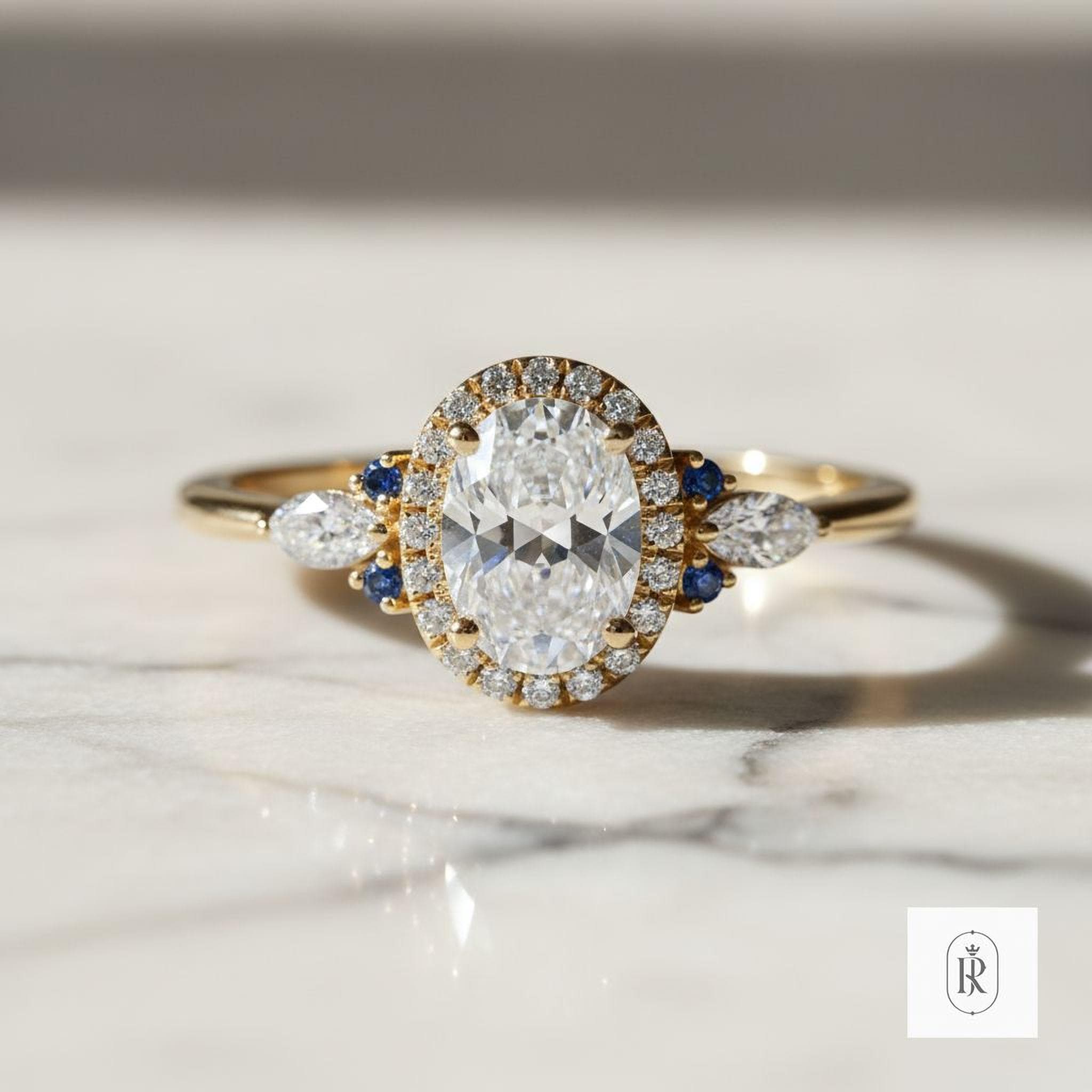 Moissanite Engagement Ring: East West Oval with Blue Lab Diamonds (14K Gold) — View 1 of custom handcrafted Lab Diamond jewellery in 14K White Gold