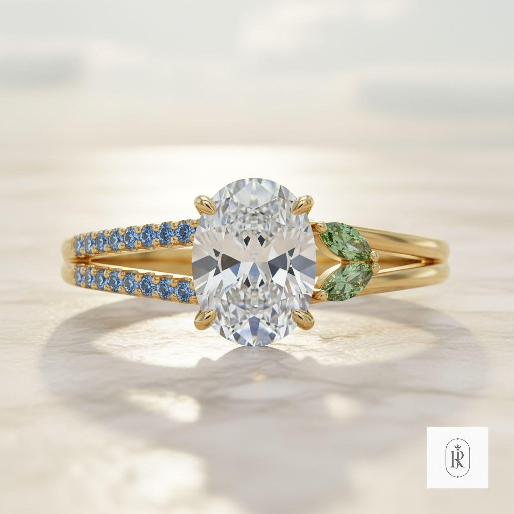 Moissanite Engagement Ring: Blue & Green Diamond Accents (14K Gold) — View 1 of custom handcrafted Lab Diamond jewellery in 14K White Gold
