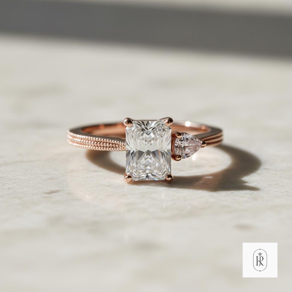 Toi et Moi Radiant Moissanite Pear Pink Diamond Ring 14K Rose Gold