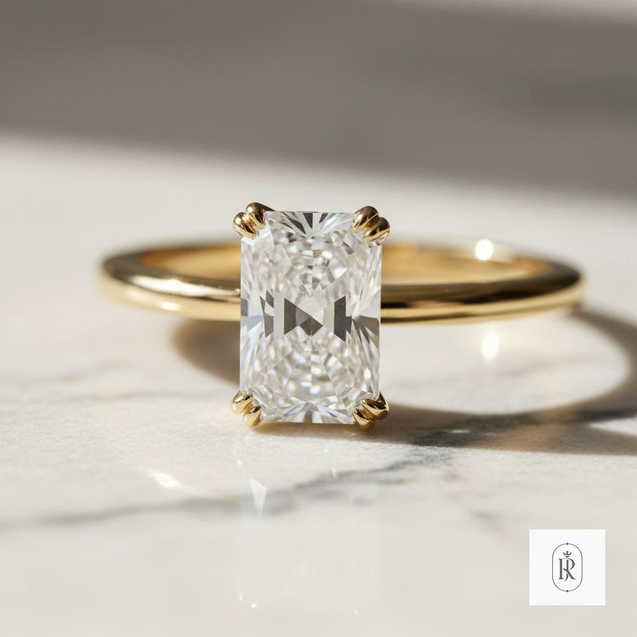 Elongated Radiant Cut Lab Diamond Engagement Ring, 14K Solid Gold Solitaire Bridal Ring — View 1 of custom handcrafted Lab Diamond jewellery in 14K White Gold