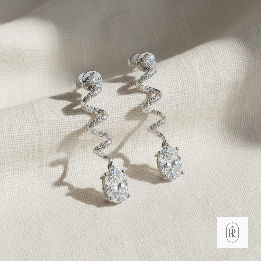 Handmade 14K White Gold Spiral Earrings: 2.37 CT Lab Diamond Fine Jewelry — View 1 of custom handcrafted Lab Diamond jewellery in 14K White Gold