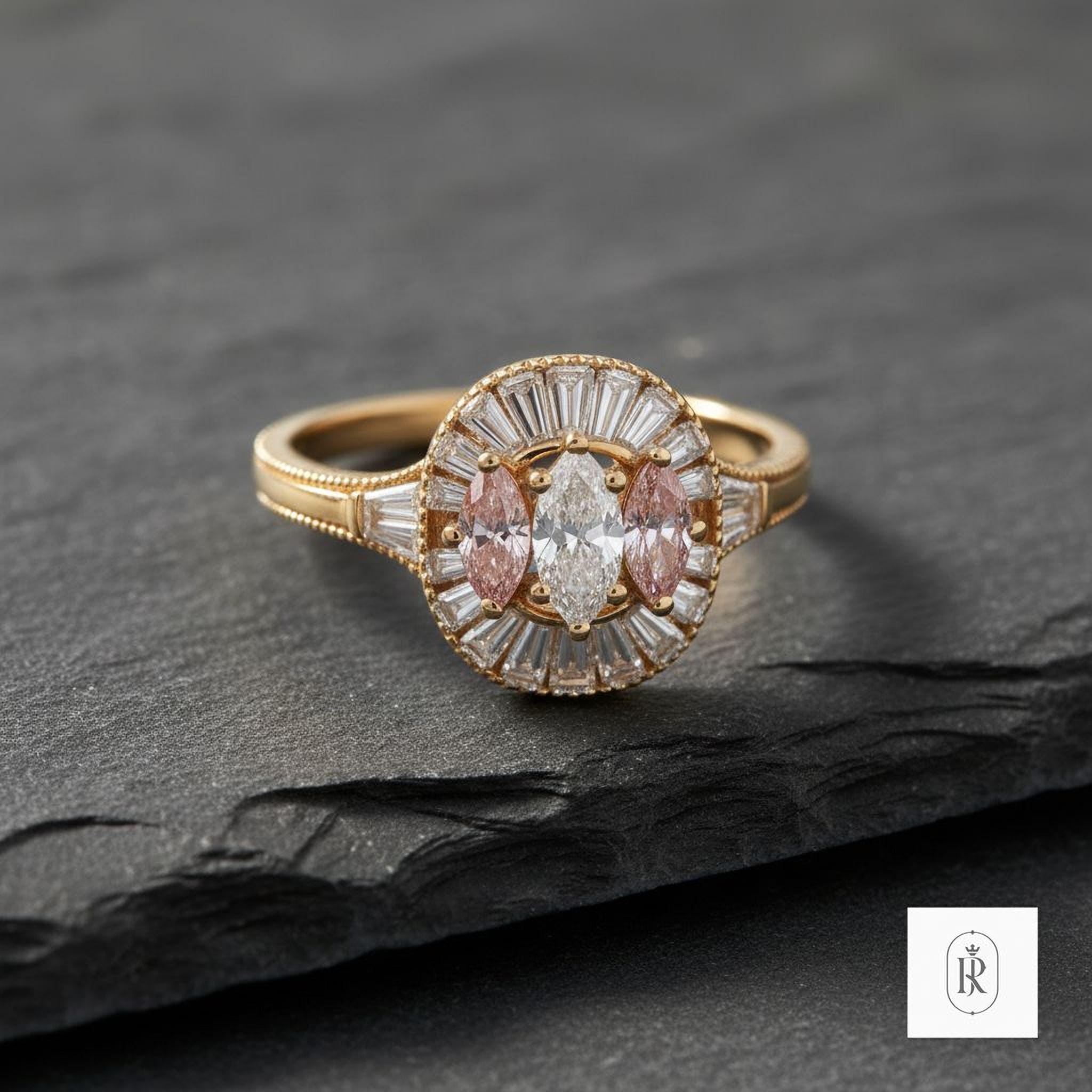 Three Stone Engagement Ring: Blush Pink Marquise Diamonds (14K Gold)