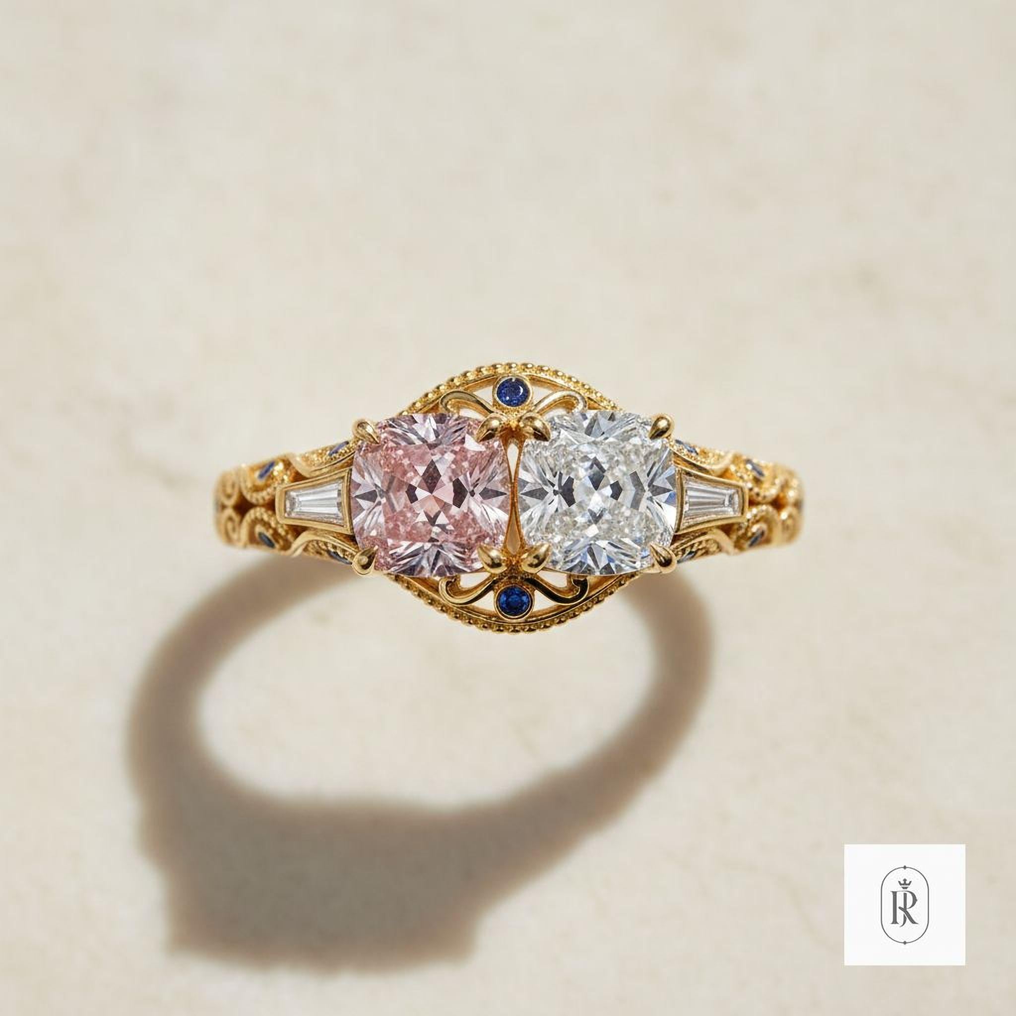 Toi et Moi Engagement Ring: Pink & D/E Cushion Lab Diamonds - 14K Solid Gold — View 1 of custom handcrafted Lab Diamond jewellery in 14K White Gold