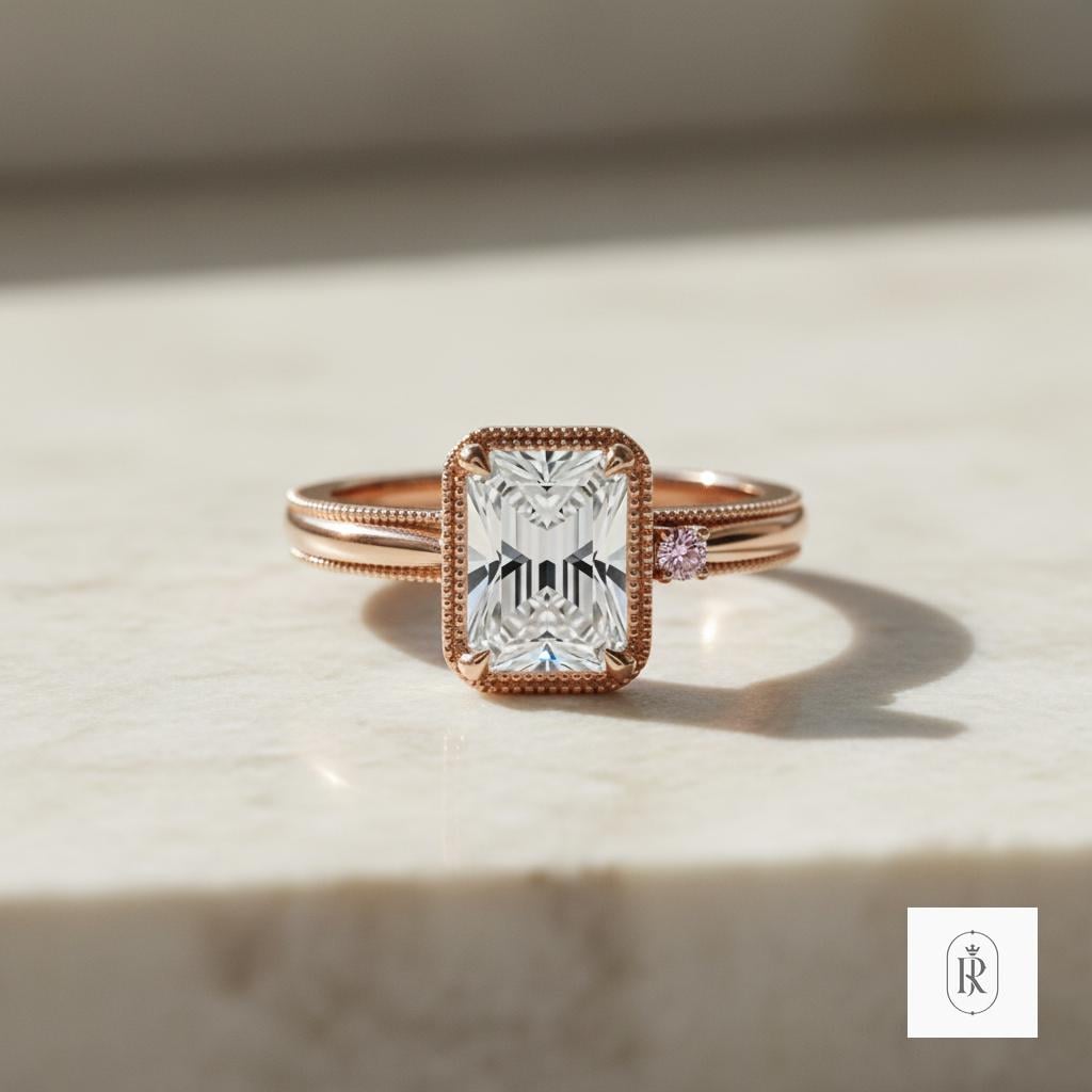 14K Rose Gold Moissanite Ring – Art Deco Milgrain Pink Diamond Accent — View 1 of custom handcrafted Lab Diamond jewellery in 14K Rose Gold