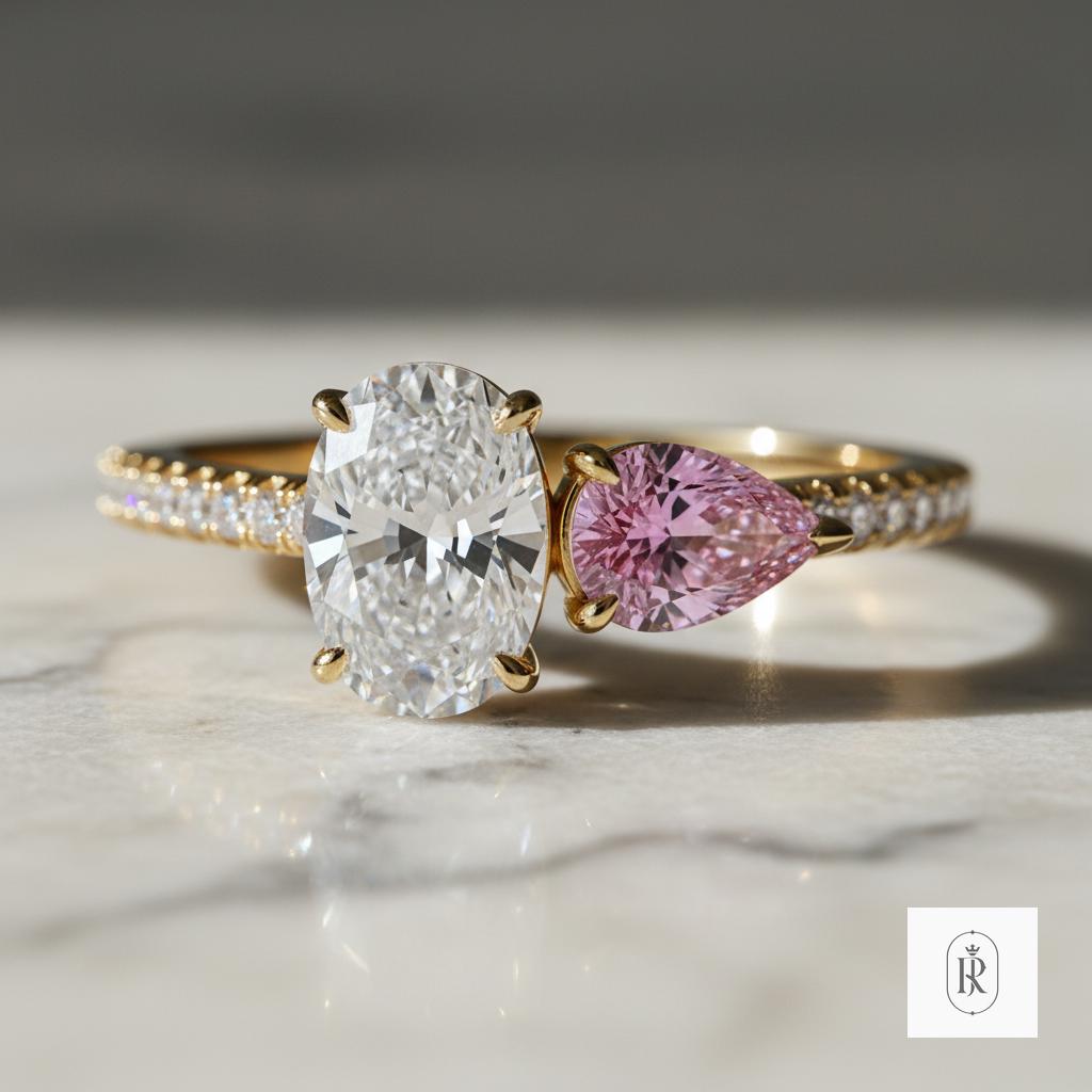 Lab Diamond Two Stone Ring, Oval White & Pink Pear (14K Yellow Gold) — View 1 of custom handcrafted Lab Diamond jewellery in 14K Yellow Gold