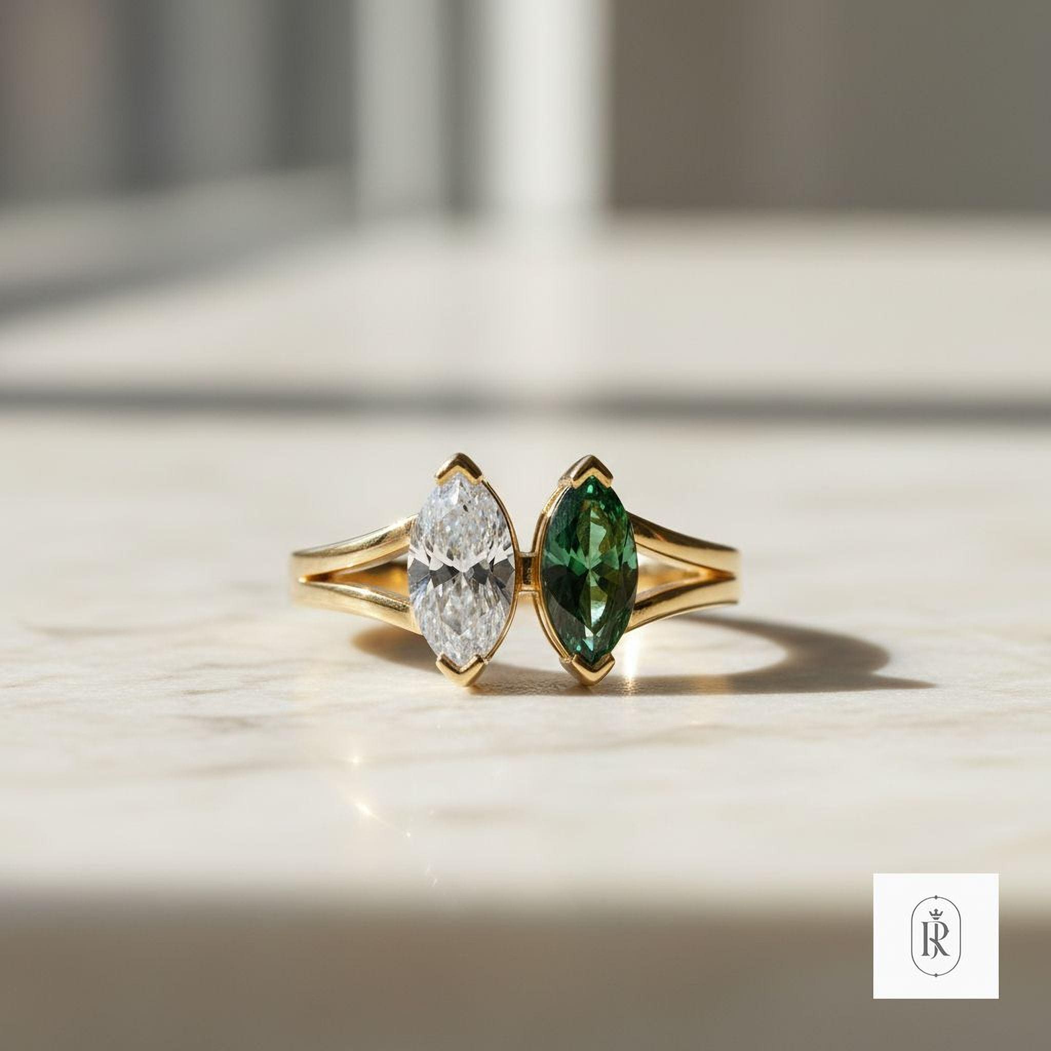 Engagement Ring: Oval Moissanite & Fancy Green Diamonds (14K Gold) — View 1 of custom handcrafted Lab Diamond jewellery in 14K White Gold