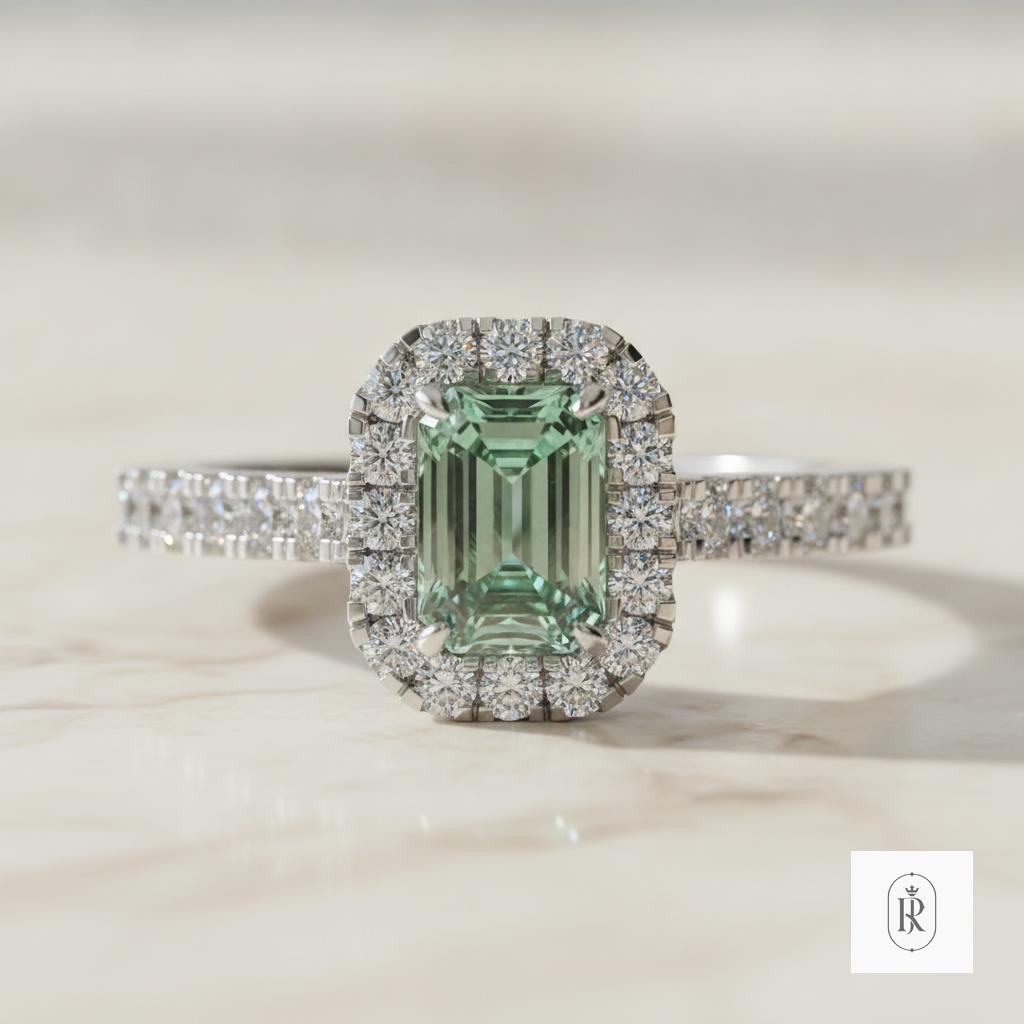 Emerald Lab Diamond Engagement Ring 14K White Gold Halo Setting (1.06ct)