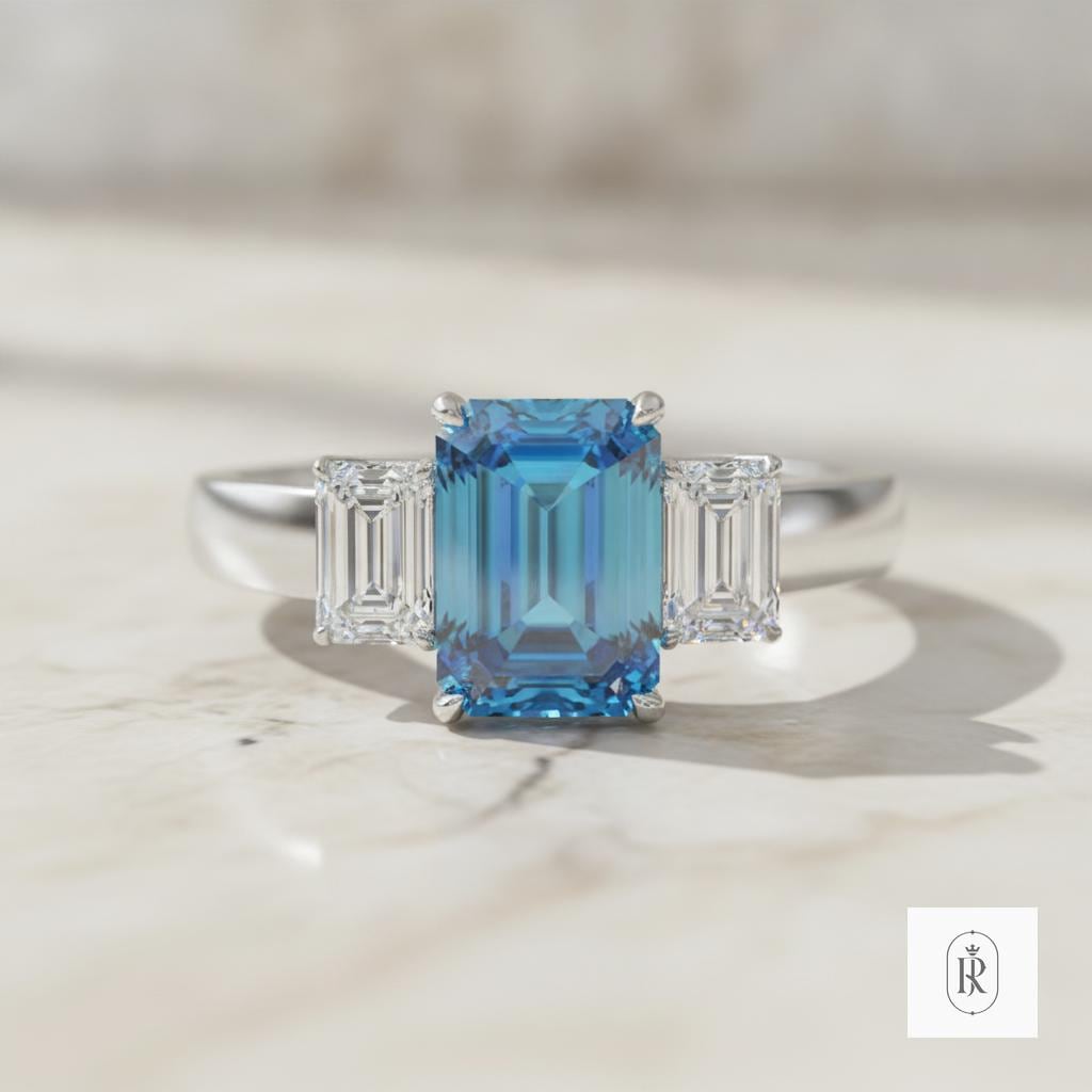 Emerald Lab Diamond Engagement Ring 14K White Gold | Three Stone Ring — View 1 of custom handcrafted Lab Diamond jewellery in 14K White Gold