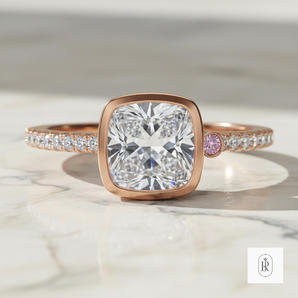 Engagement Ring: 14K Rose Gold, East West Cushion Moissanite - Sustainable — View 1 of custom handcrafted Lab Diamond jewellery in 14K Rose Gold