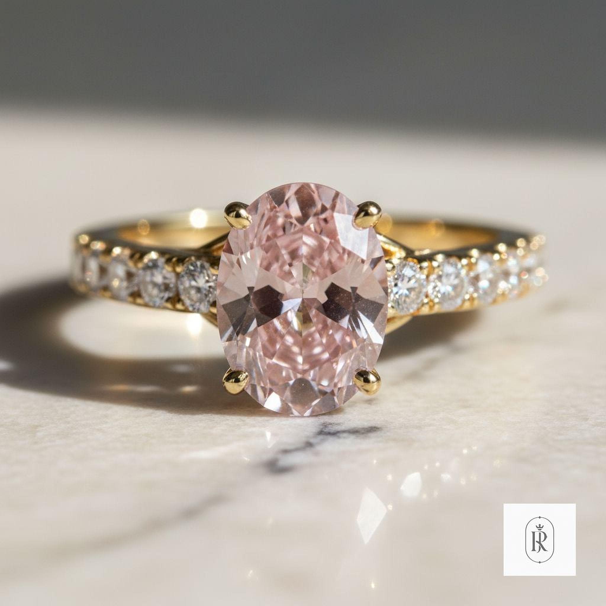Fancy Pink Lab Diamond Ring: 14K Yellow Gold East-West Oval — View 1 of custom handcrafted Lab Diamond jewellery in 14K Yellow Gold