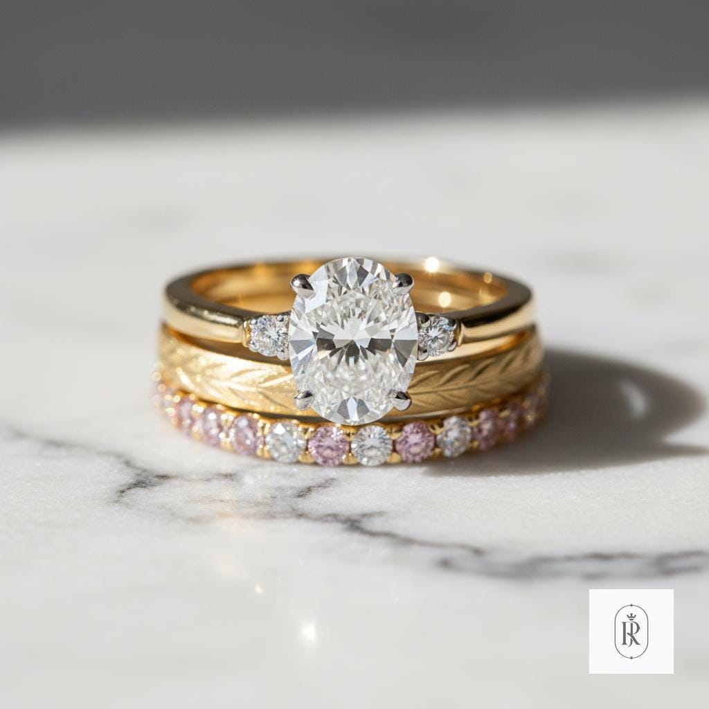 Engagement Ring: Oval Lab Diamond and Blush Sapphires - 14K Gold — View 1 of custom handcrafted Lab Diamond jewellery in 14K White Gold