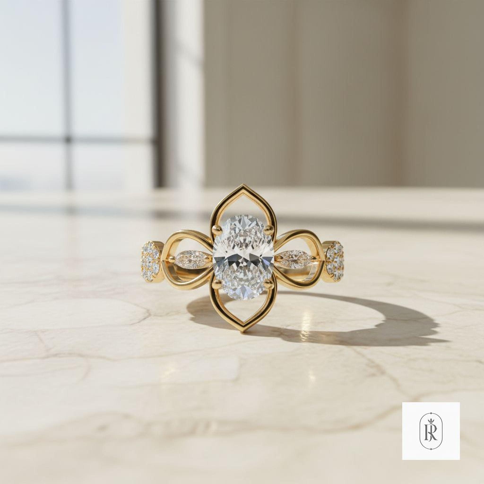 Engagement Ring: Oval Lab Diamond with Champagne Accent - 14K Gold — View 1 of custom handcrafted Lab Diamond jewellery in 14K White Gold
