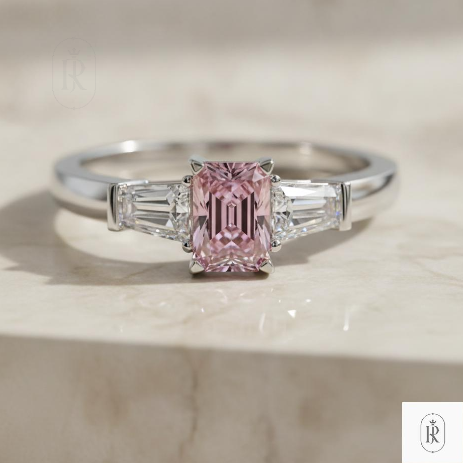 Radiant Pink Lab Diamond Engagement Ring | 1.02ctw 14K White Gold Three Stone Ring