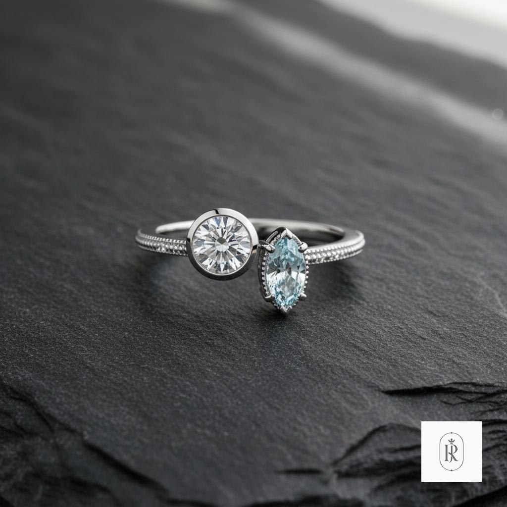 1CT Moissanite Celestial Duo Ring | 18k White Gold, Blue Diamond Accent, Toi et Moi — View 1 of custom handcrafted Lab Diamond jewellery in 14K White Gold