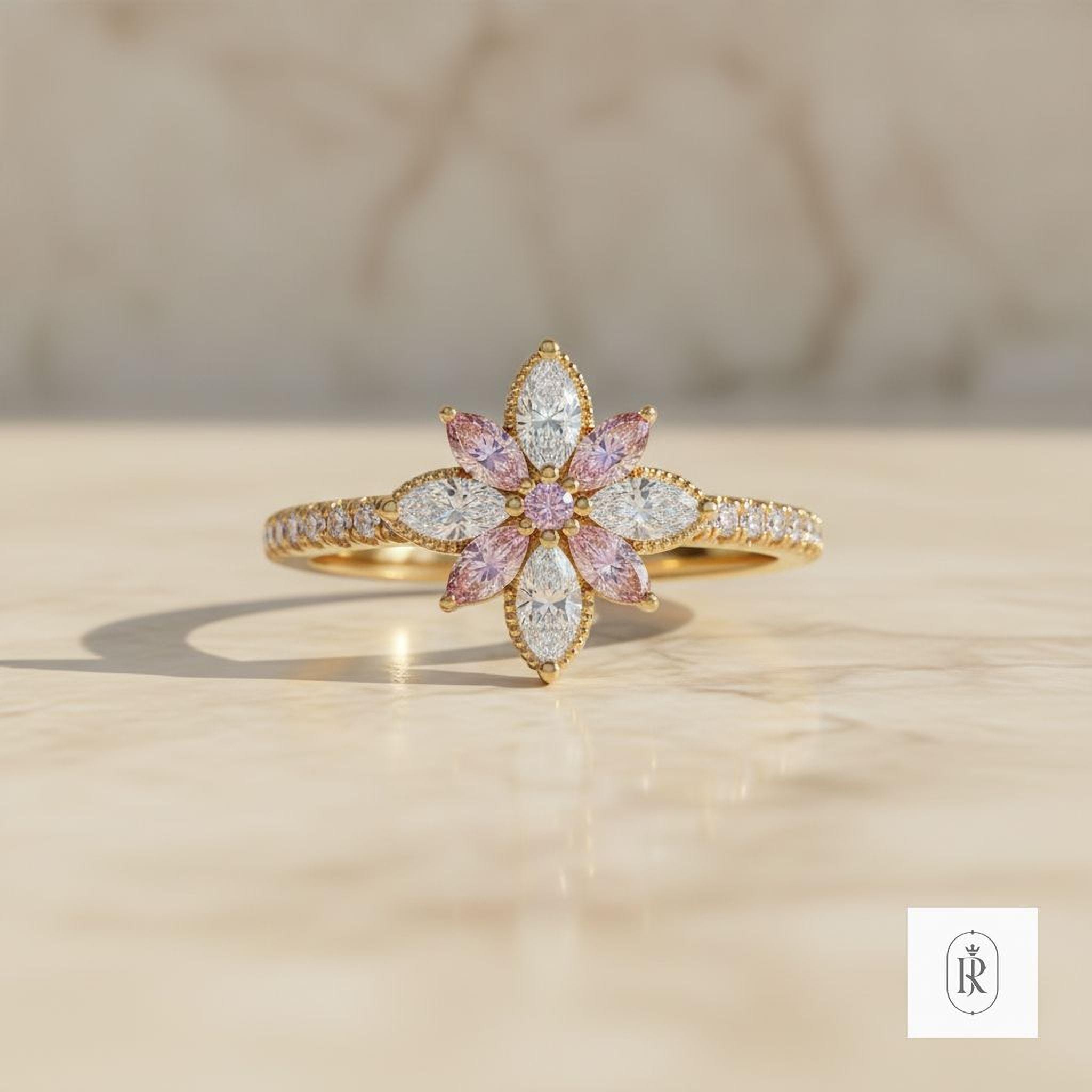 Marquise Lab Diamond Ring - Blush Pink, 14K Two-Tone Gold — View 1 of custom handcrafted Lab Diamond jewellery in 14K White Gold