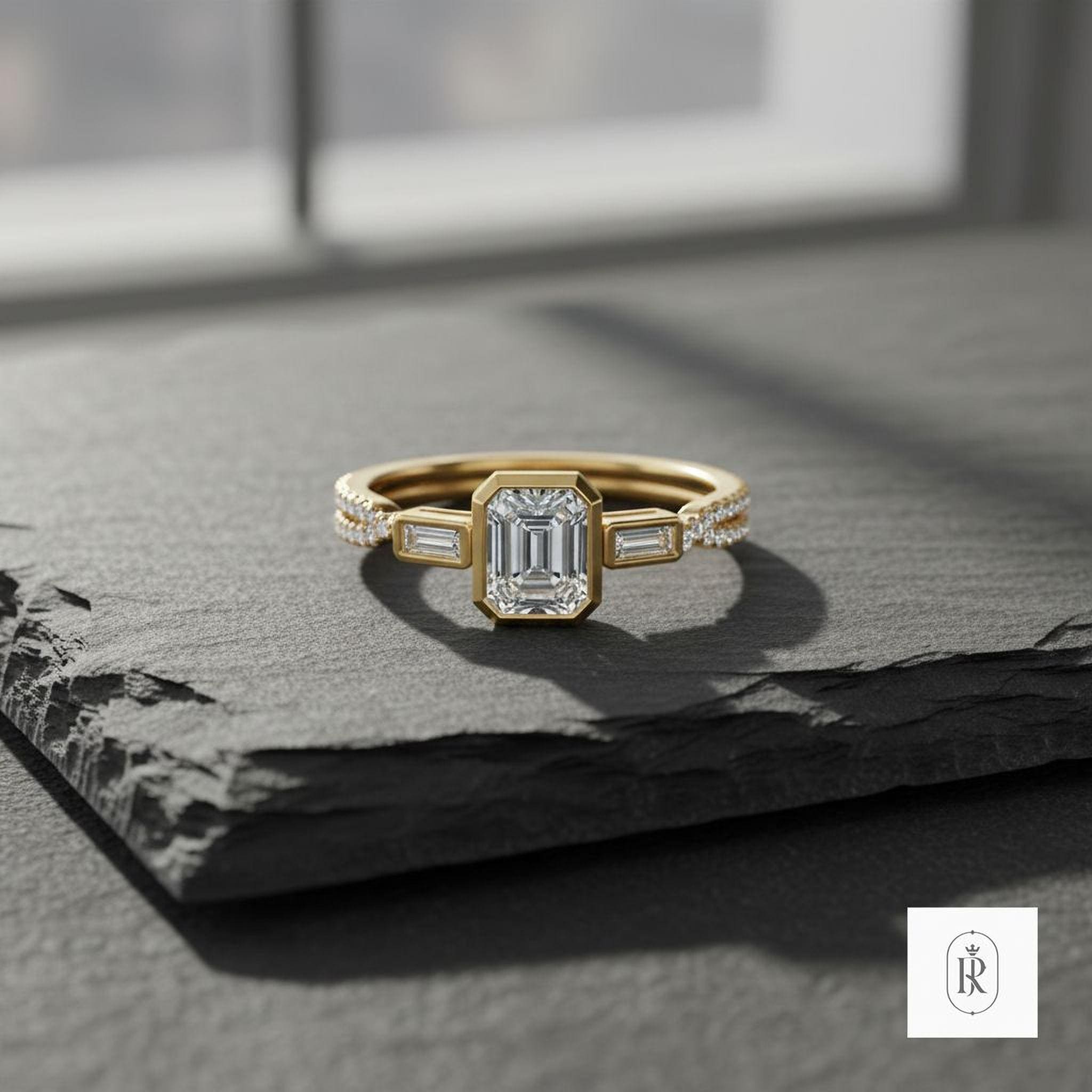 Lab Grown Emerald Cut Ring, Champagne Baguette (14K Solid Gold) — View 1 of custom handcrafted Emerald jewellery in 14K White Gold