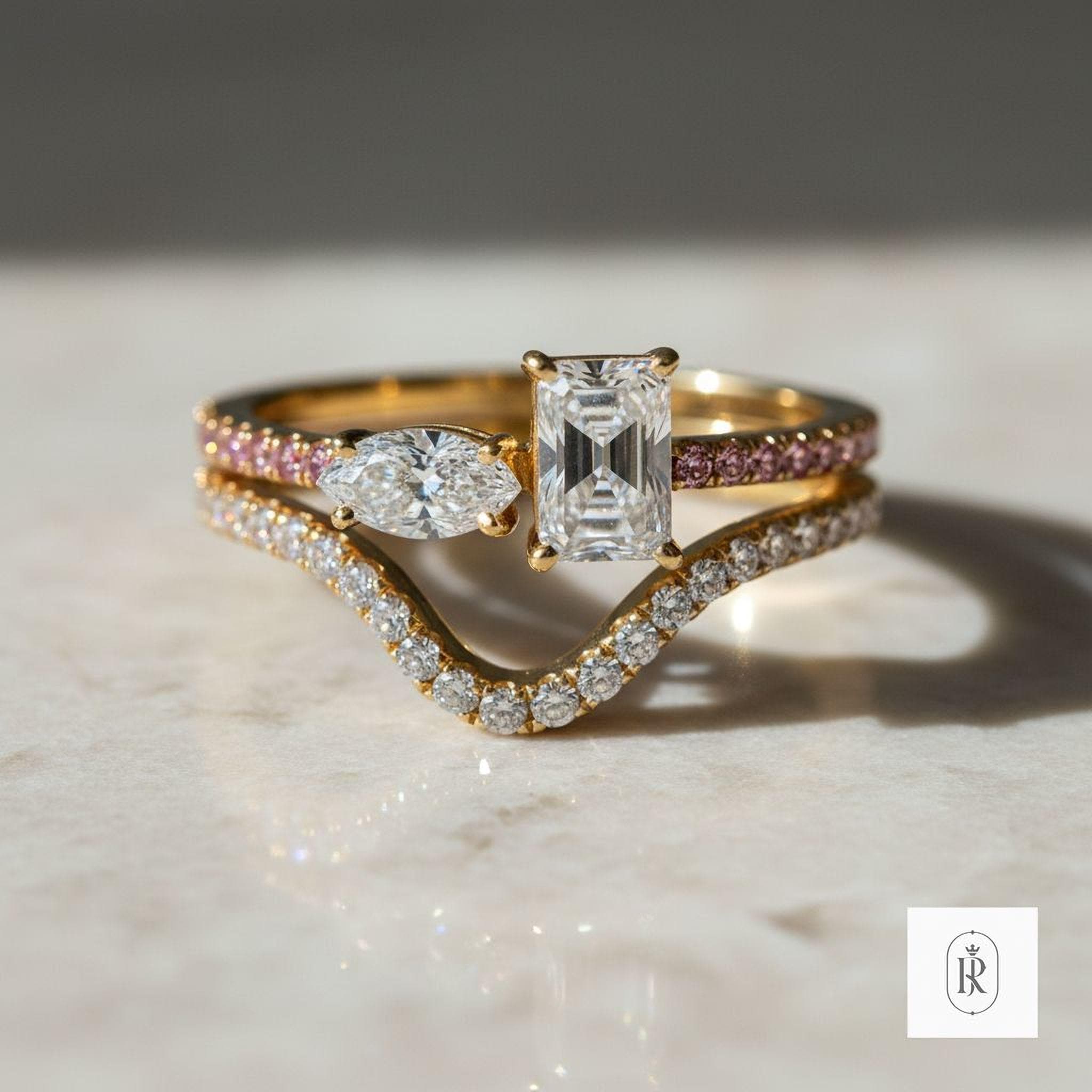 Unique Bridal Ring, Yellow Gold, Lab Grown Diamonds (Pink Marquise Accents) — View 1 of custom handcrafted Lab Diamond jewellery in 14K Yellow Gold
