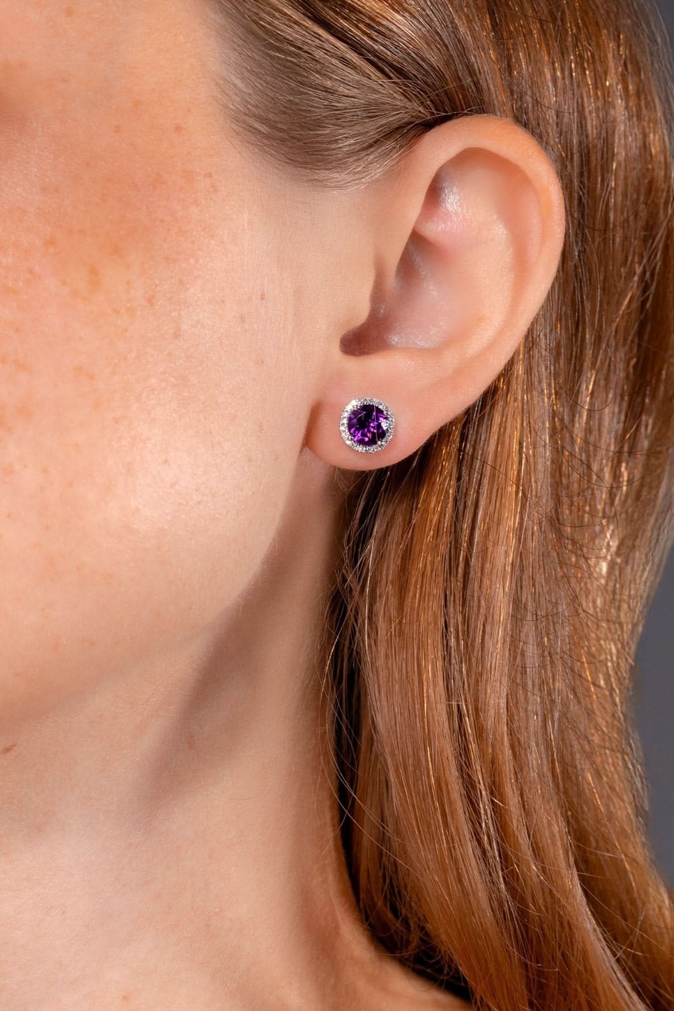 Amethyst & Diamond Halo Studs