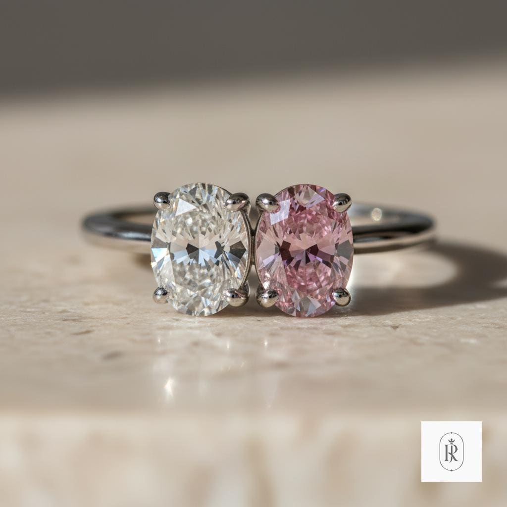 Pink Oval Diamond Toi et Moi Ring: 14K White Gold, Lab Grown — View 1 of custom handcrafted Lab Diamond jewellery in 14K White Gold